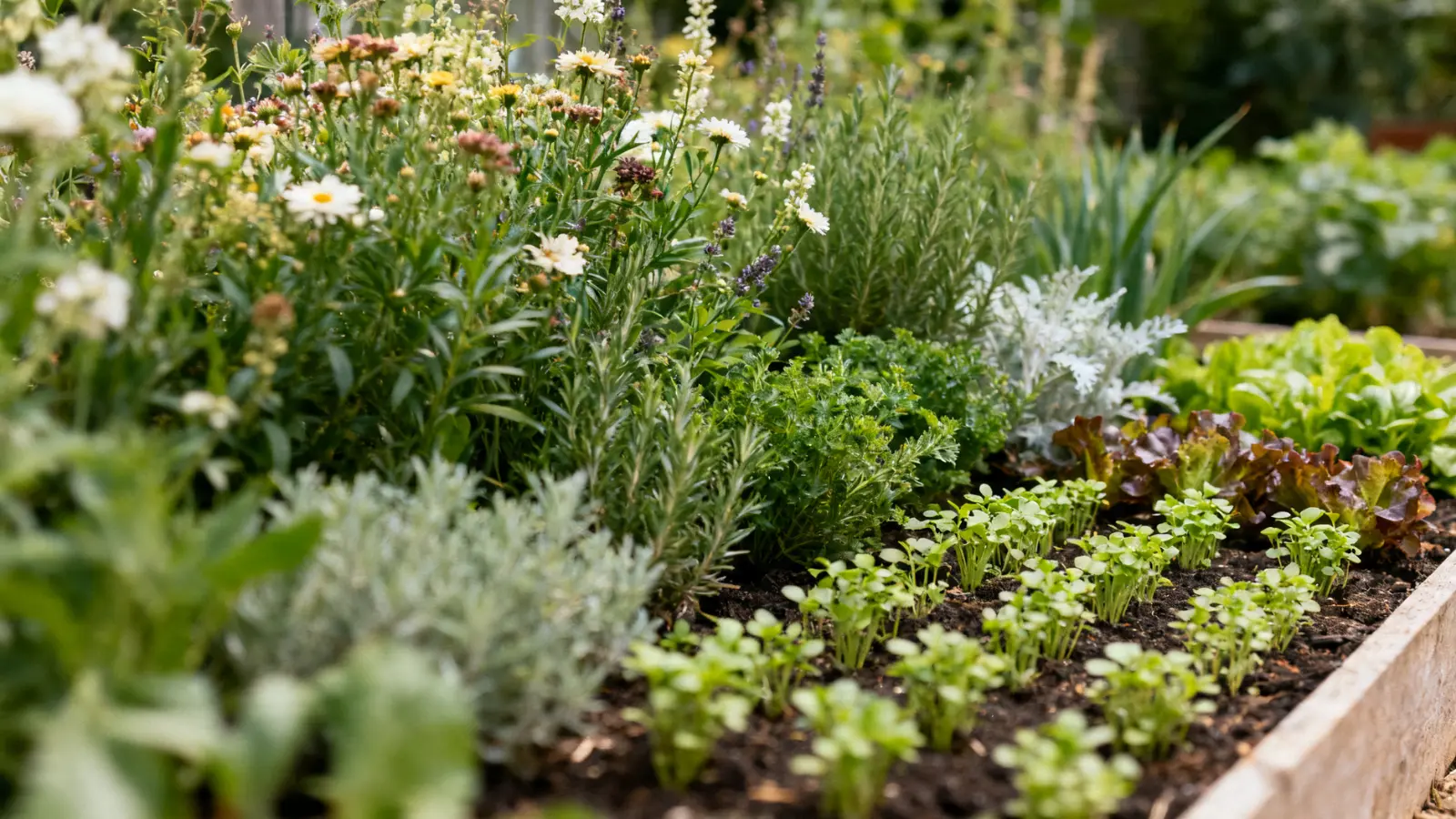 close-up of mixed garden bed with flowers, herbs, and edible plants growing together (1)