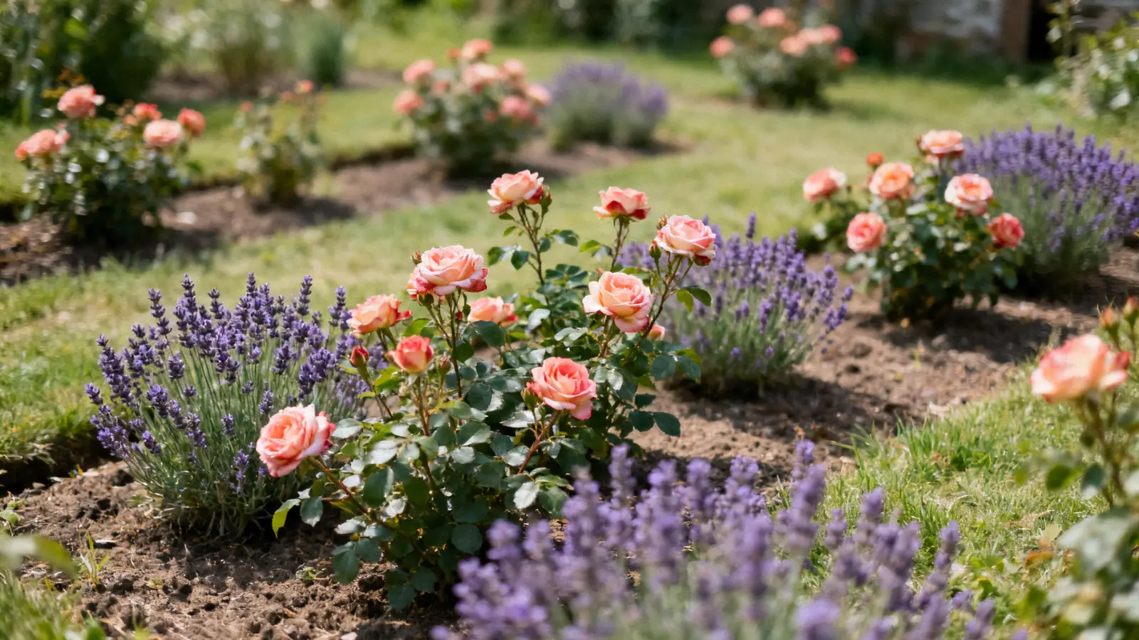close-up of repeating roses and lavender planted across different garden sections