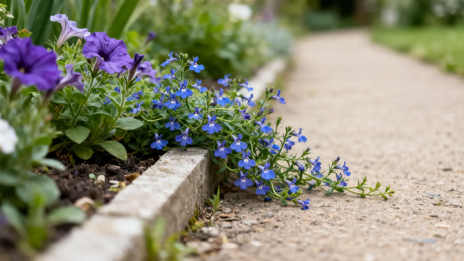 close-up of trailing plants slightly spilling over a garden path edge