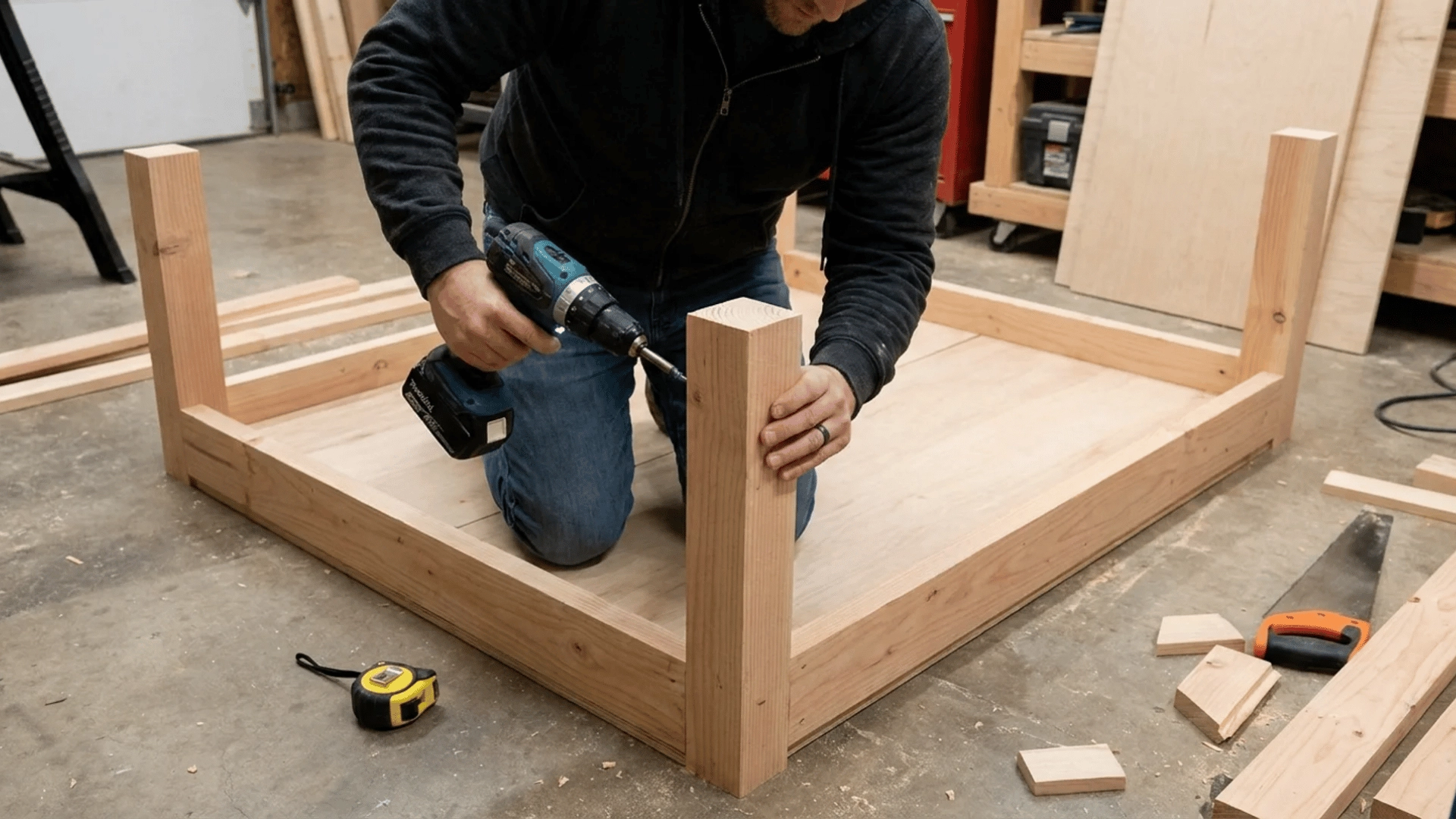 Close-up of a drill securing corner brackets to wooden planks for a raised garden bed frame.