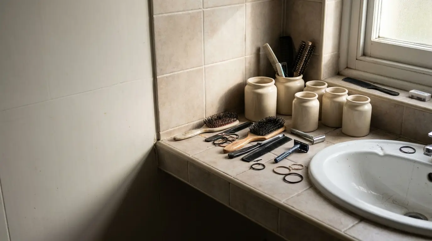 Bathroom countertop with various hairdressing tools, brushes, and jars next to a sink