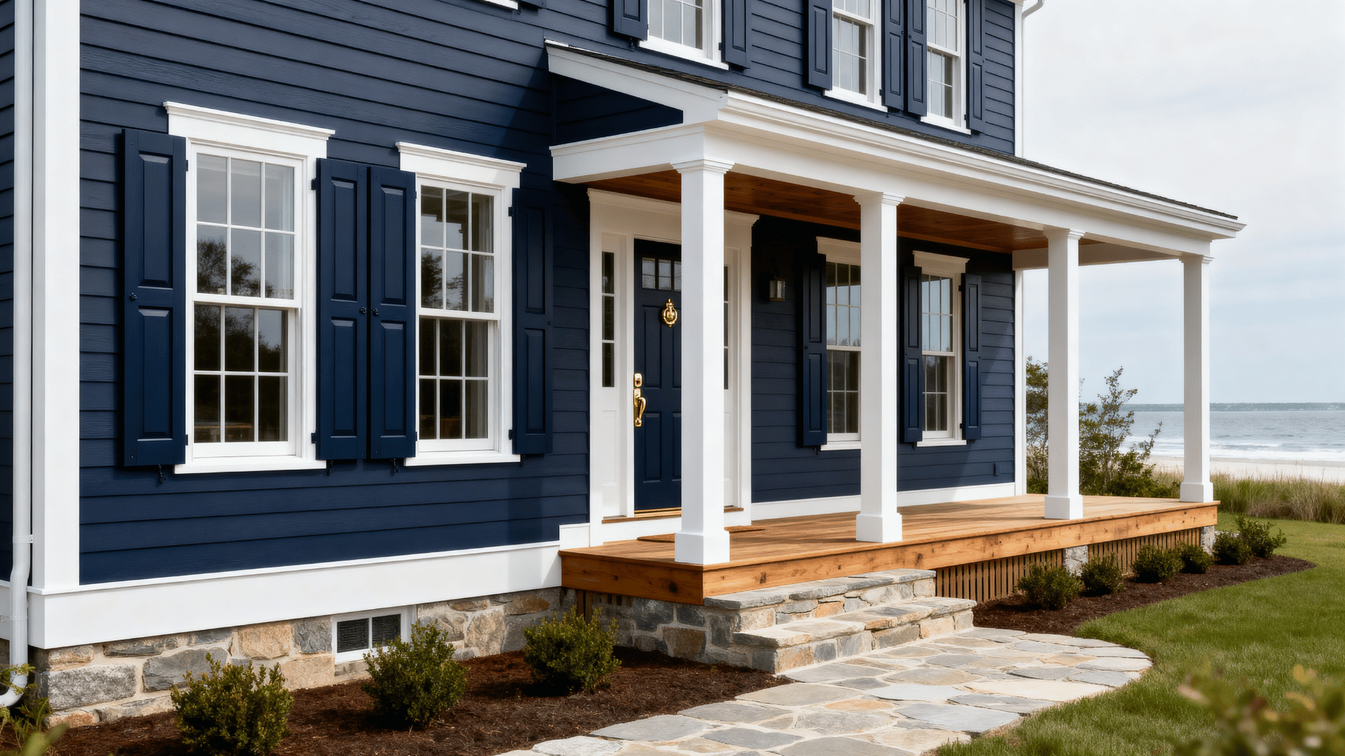 coastal colonial home with deep navy siding, white trim, navy shutters, brass hardware, and stone walkway