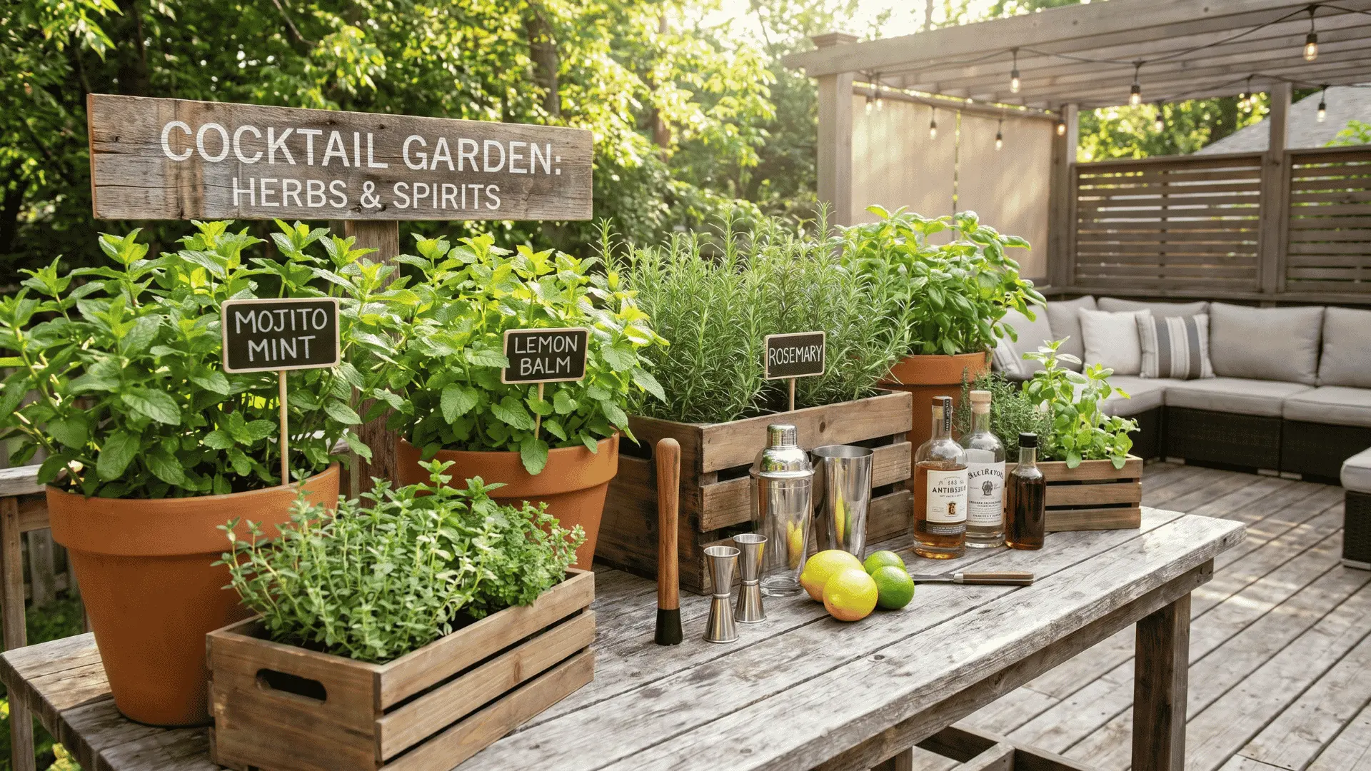 Cocktail garden with herbs like mint, lemon balm, and rosemary planted in containers, ideal for making drinks.