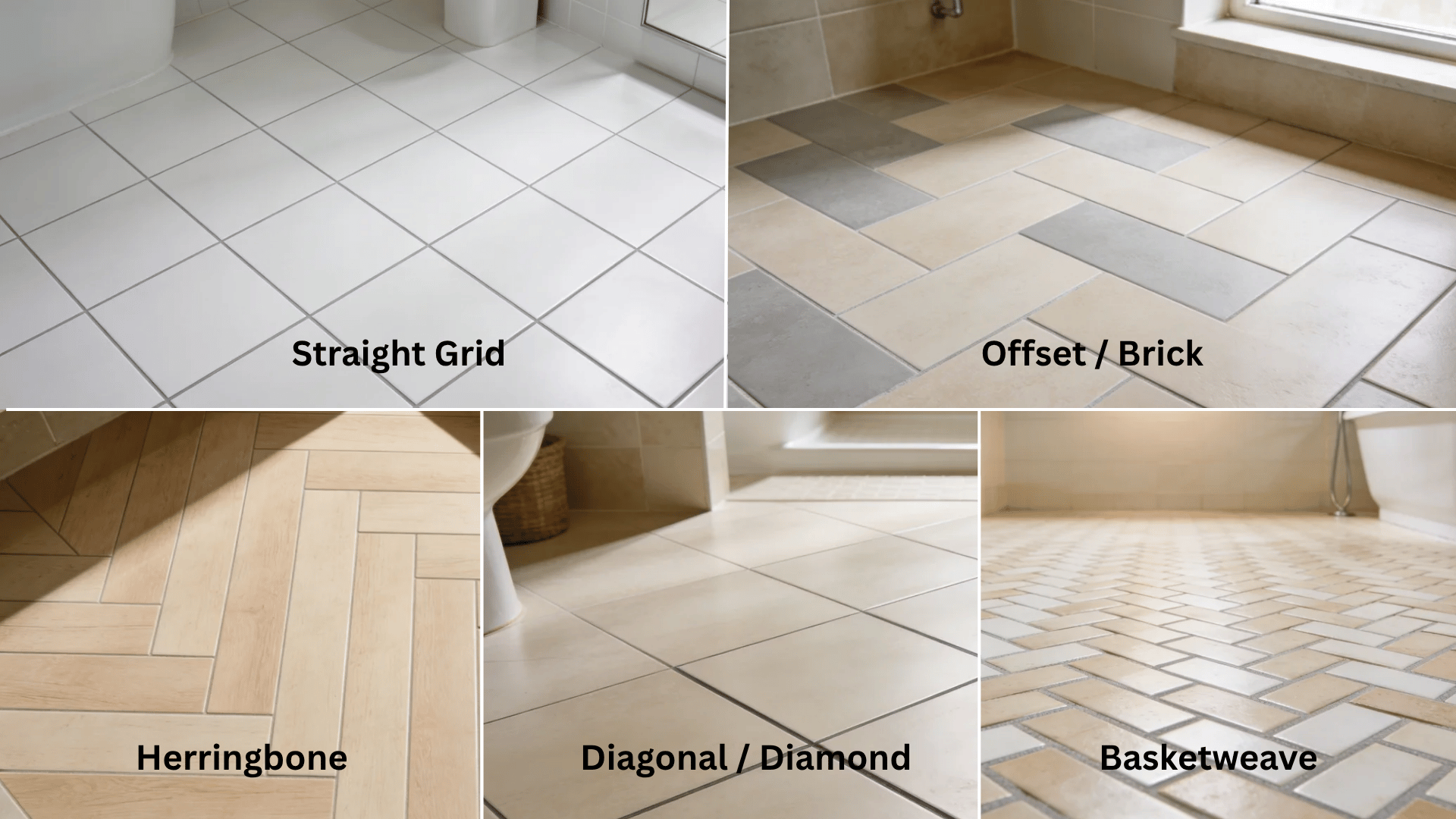 Collage of bathroom floor tile patterns including straight grid, brick, herringbone, diagonal, and basketweave layouts (1)