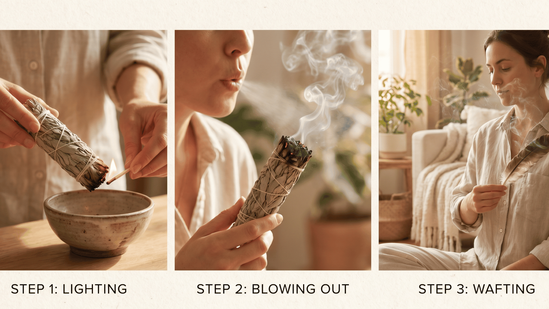 Collage showing lighting a sage bundle and wafting smoke before a house cleansing ritual