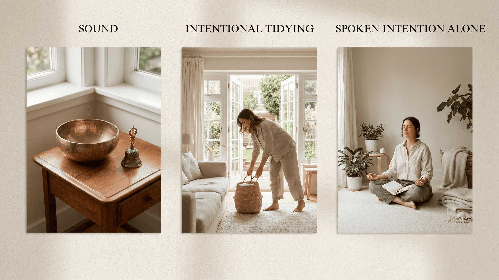Collage showing sound cleansing, mindful tidying, and quiet reflection in calm home spaces