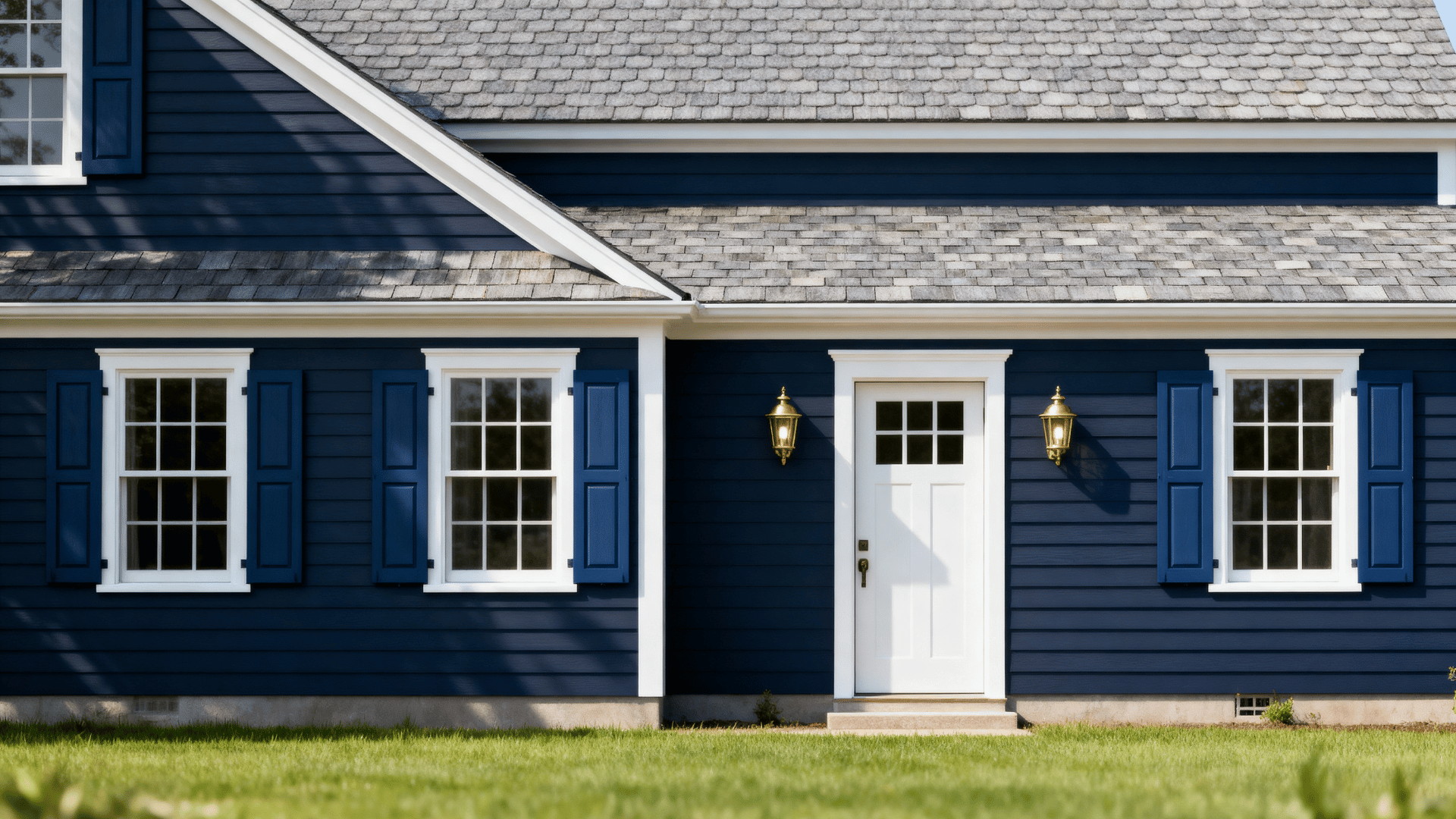 colonial coastal home with dark blue siding, soft white trim, blue shutters, gray roof, and brass outdoor lights