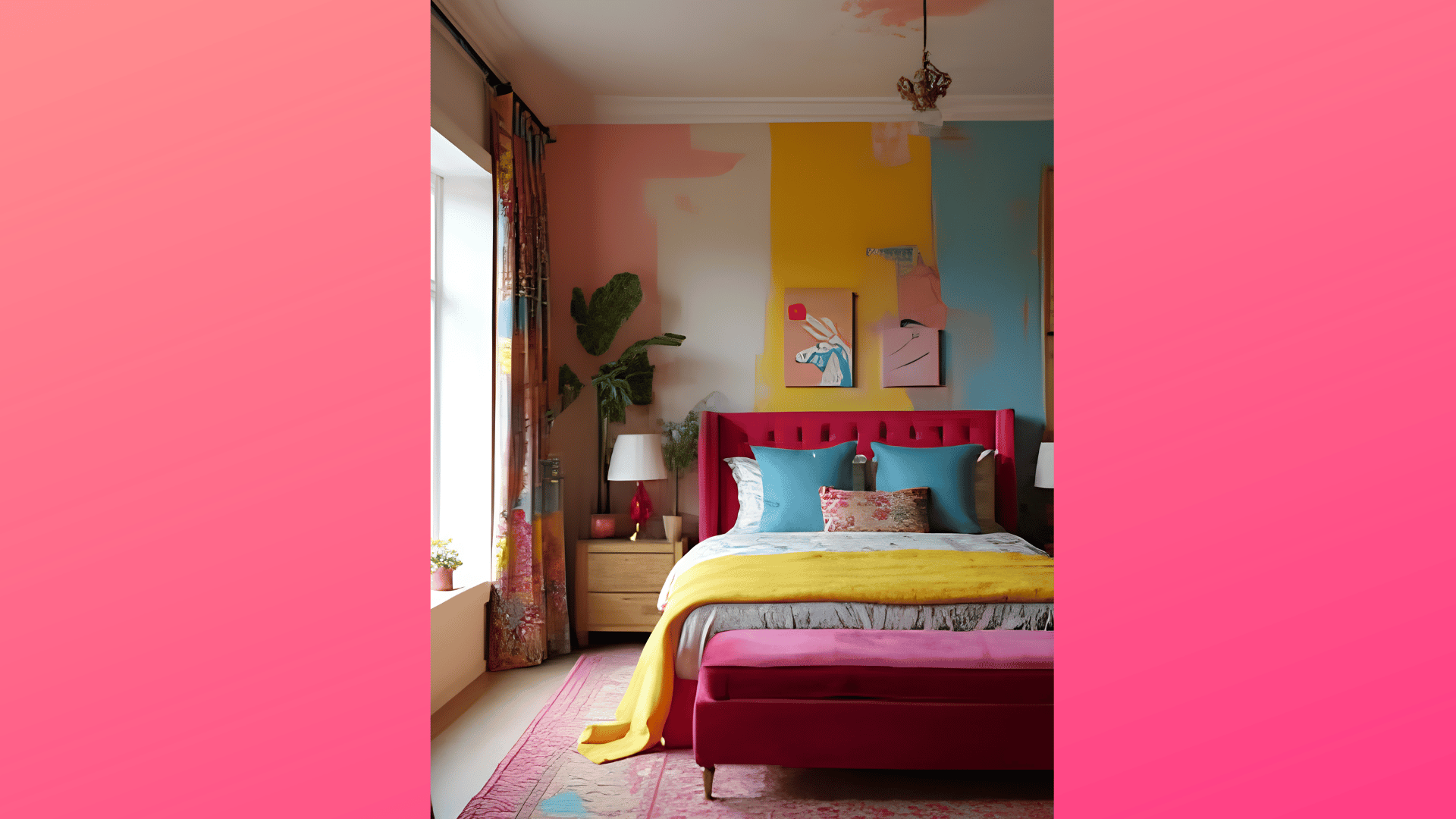 colorful postmodern bedroom with pink bed, bright wall panels, patterned curtains, and layered bedding