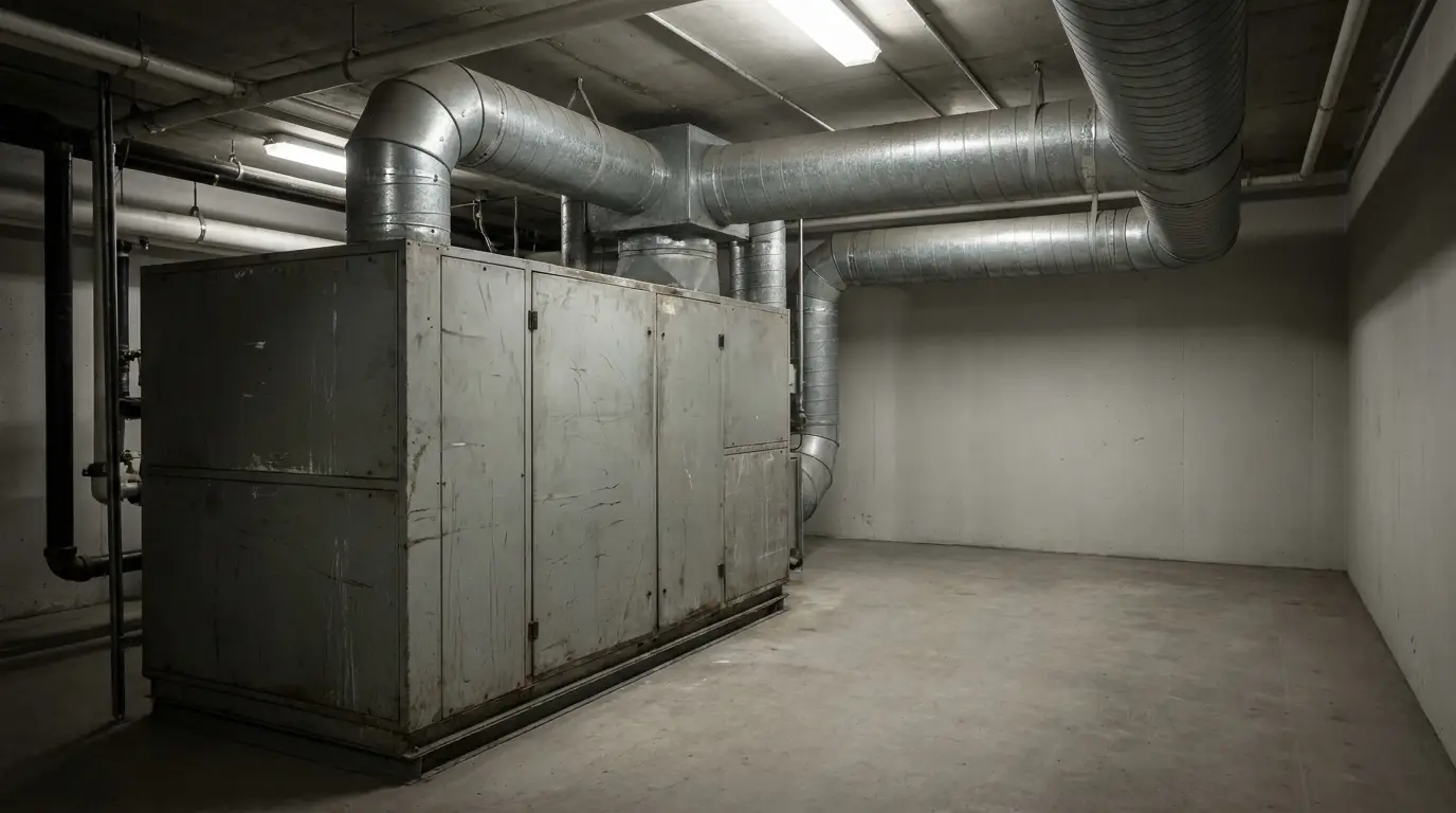 Large industrial ventilation system in a dimly lit concrete basement room