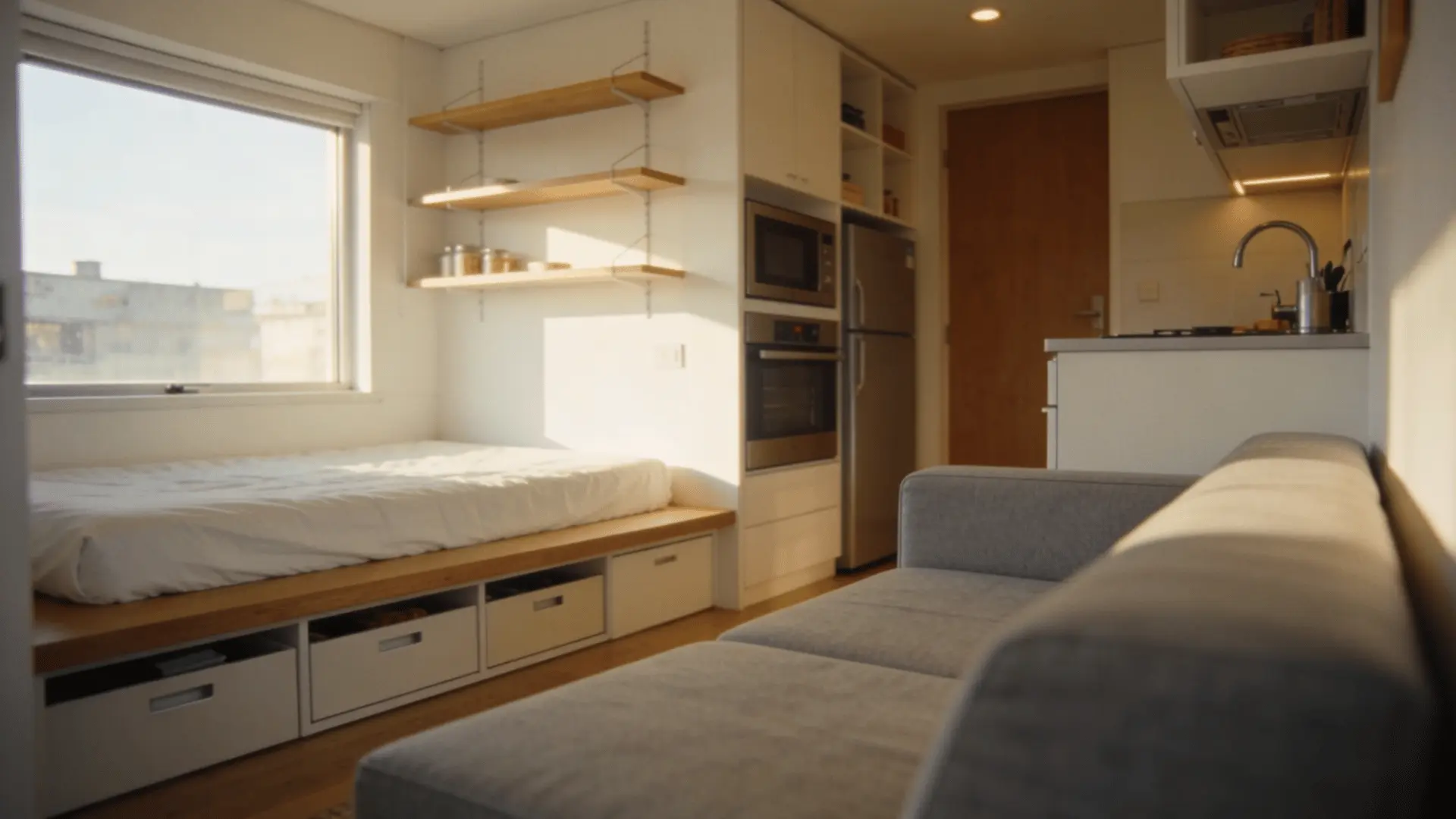 Compact 250-square-foot studio apartment with essential furniture and a minimalist layout