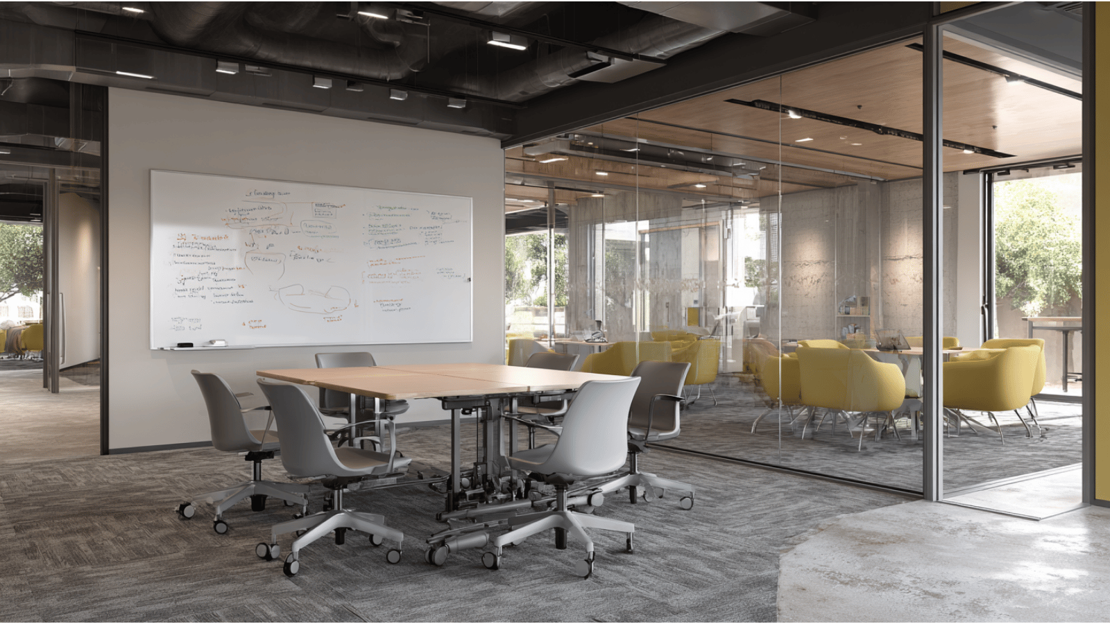 Compact multi-purpose meeting space with flexible furniture.