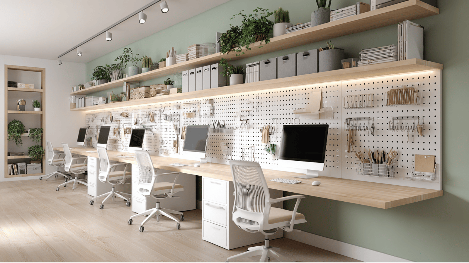 Compact wall workspace with floating desk and pegboard.