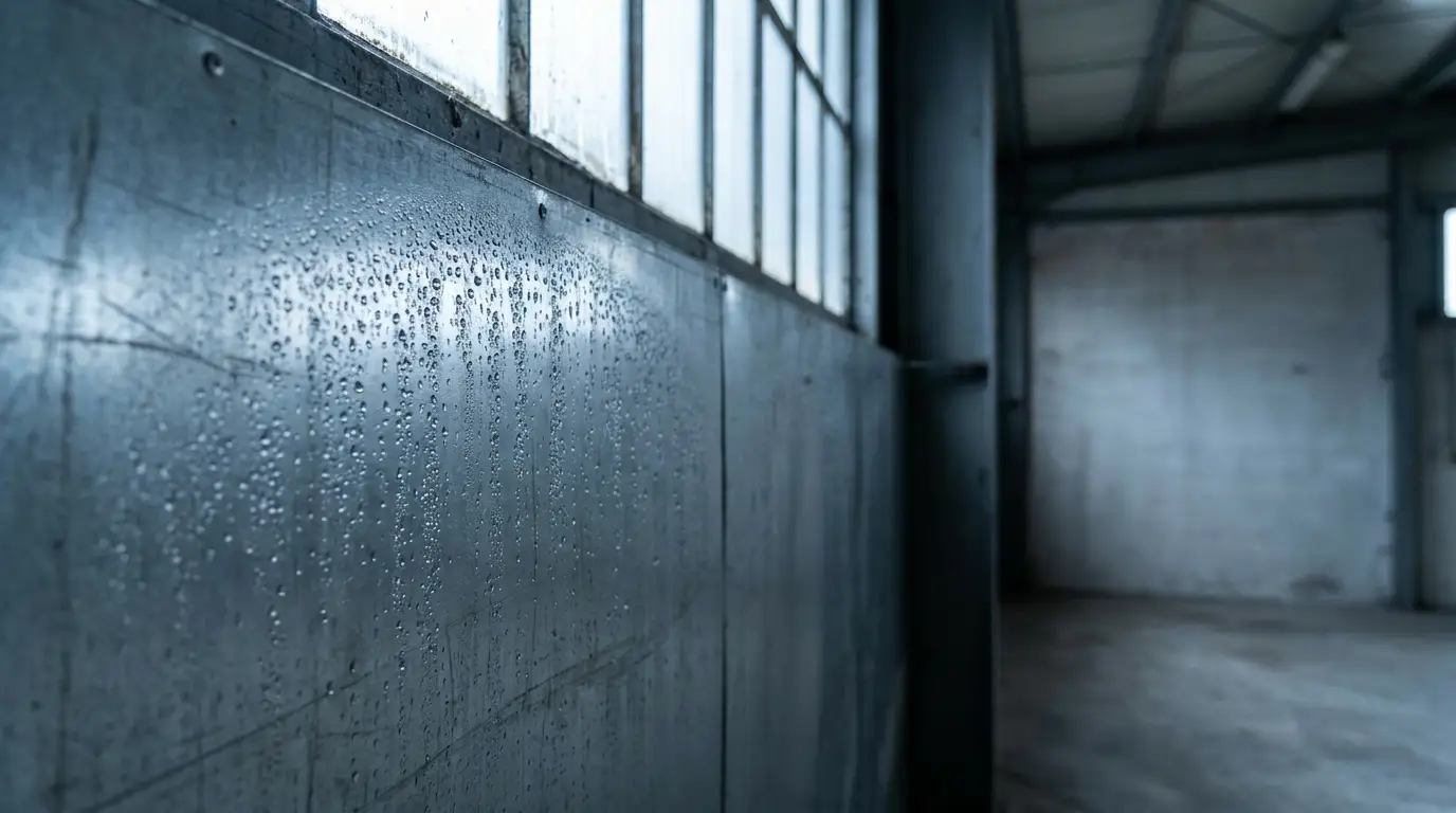 Industrial interior with condensation on metal wall under soft natural light