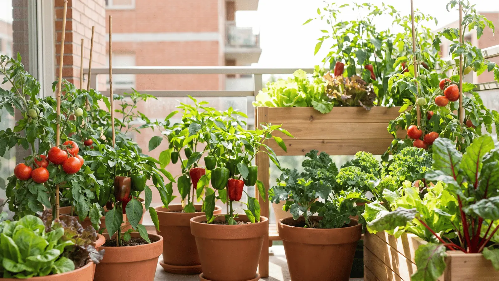 Containers with tomatoes, peppers, and leafy greens on a balcony