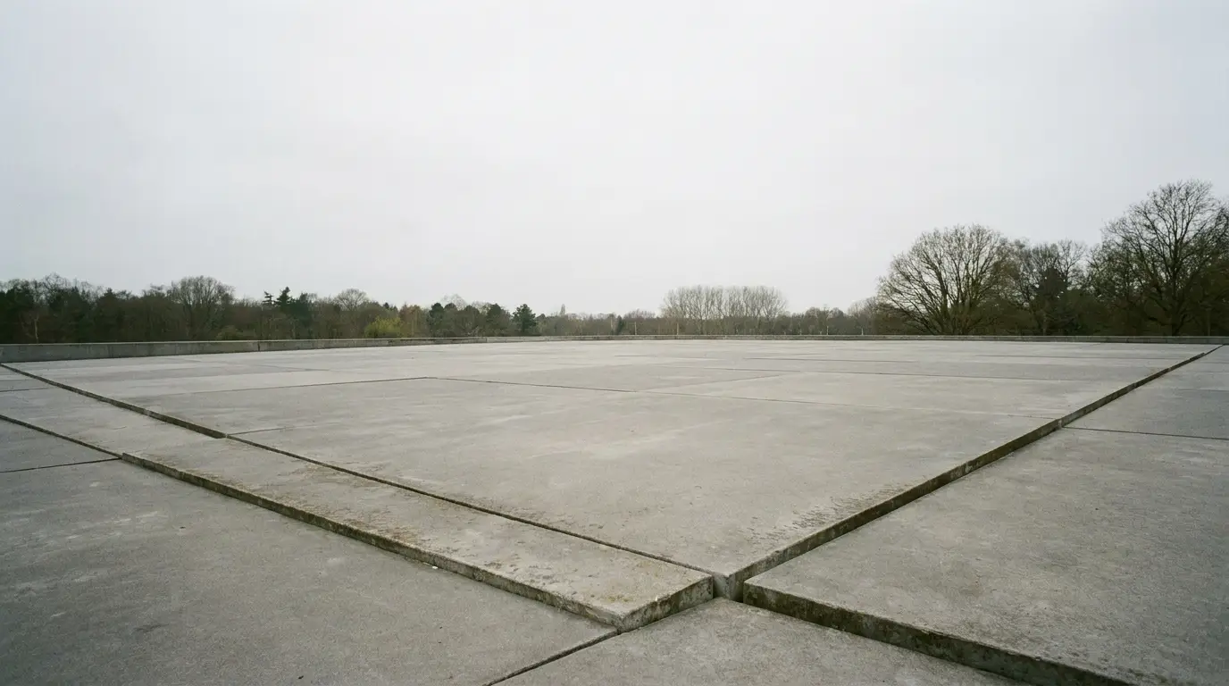 Large concrete platform in open outdoor area with overcast sky and surrounding trees