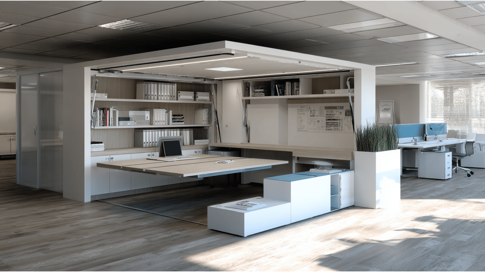 Convertible office setup with foldable desks and modular workspace furniture.