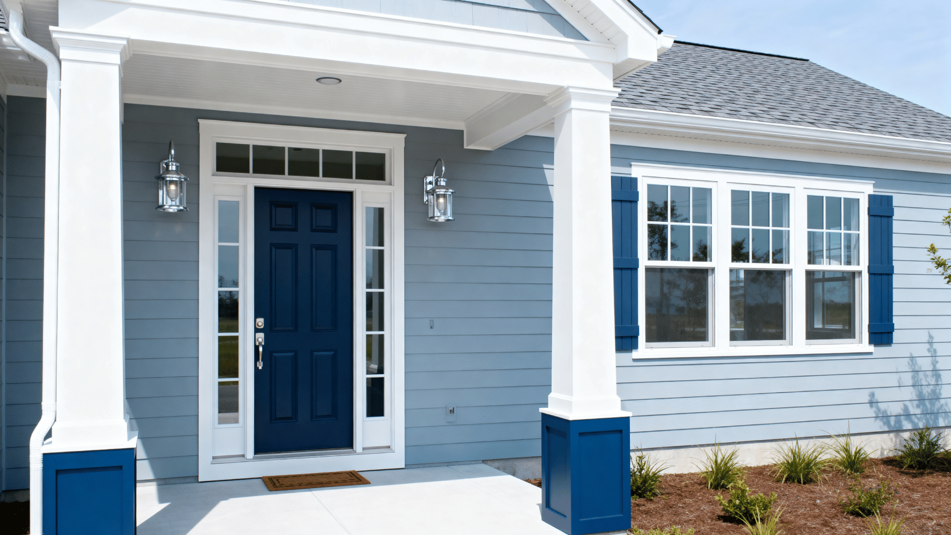 cool blue-gray coastal home with white trim, navy door, gray roof, silver lights, and blue accents