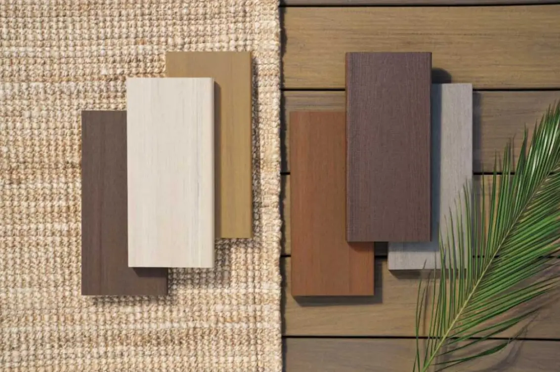 Wooden texture samples on jute rug and deck with palm leaf detail