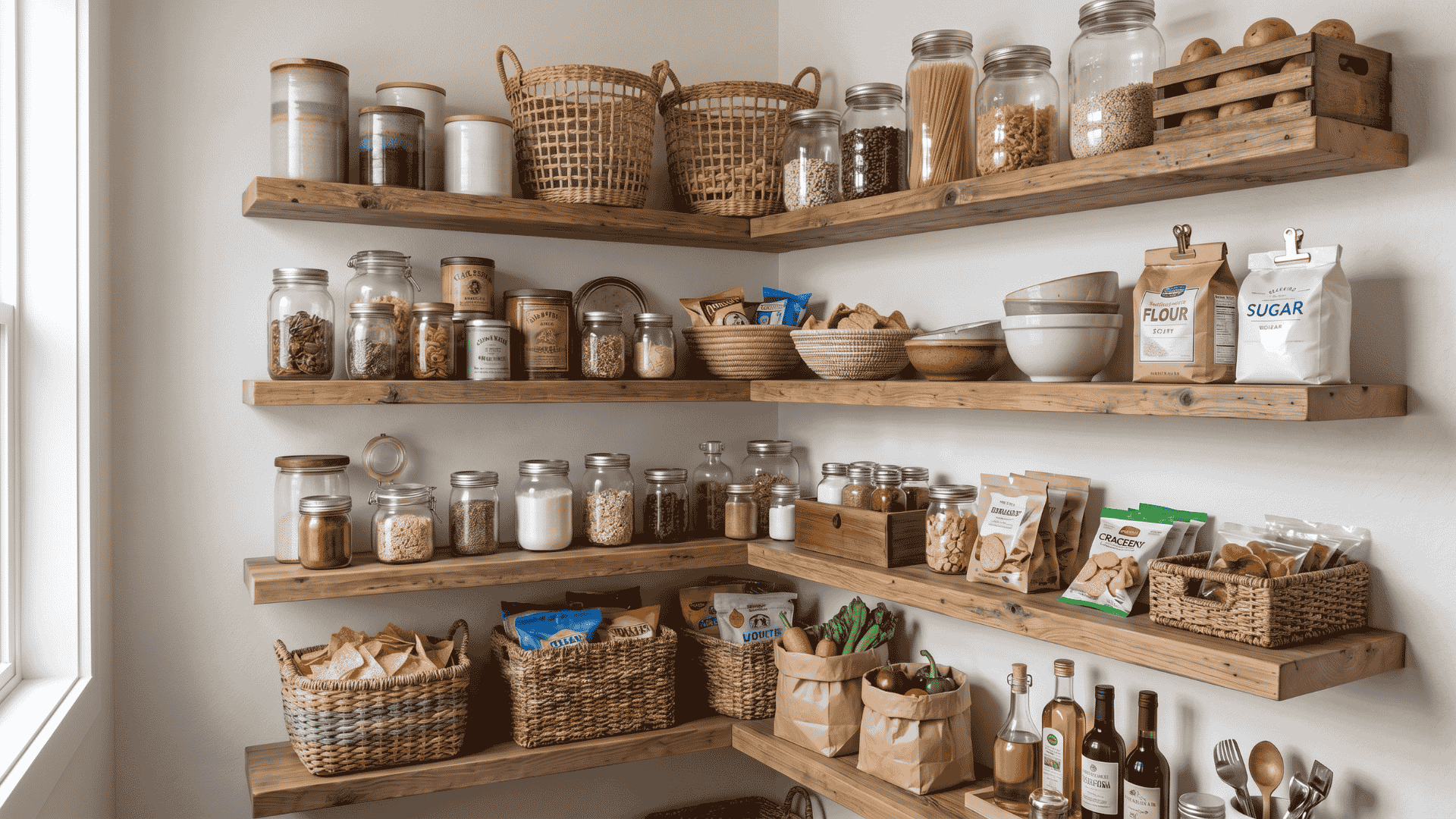 Corner floating wooden shelves organized with labeled jars, baskets, bowls, and bagged ingredients in a tidy pantry.