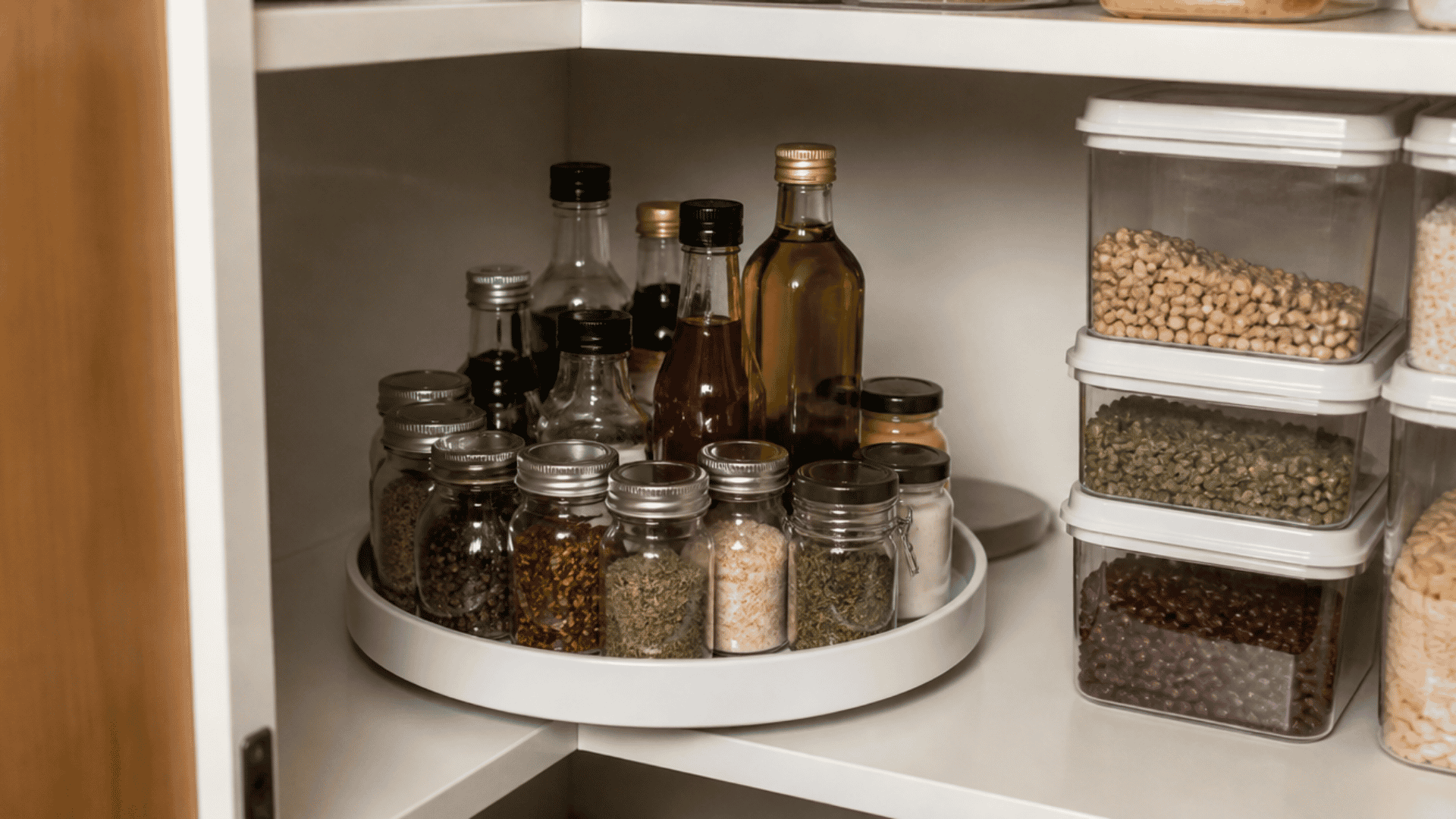Corner pantry shelf with a rotating Lazy Susan holding spice jars, bottles, and pantry containers
