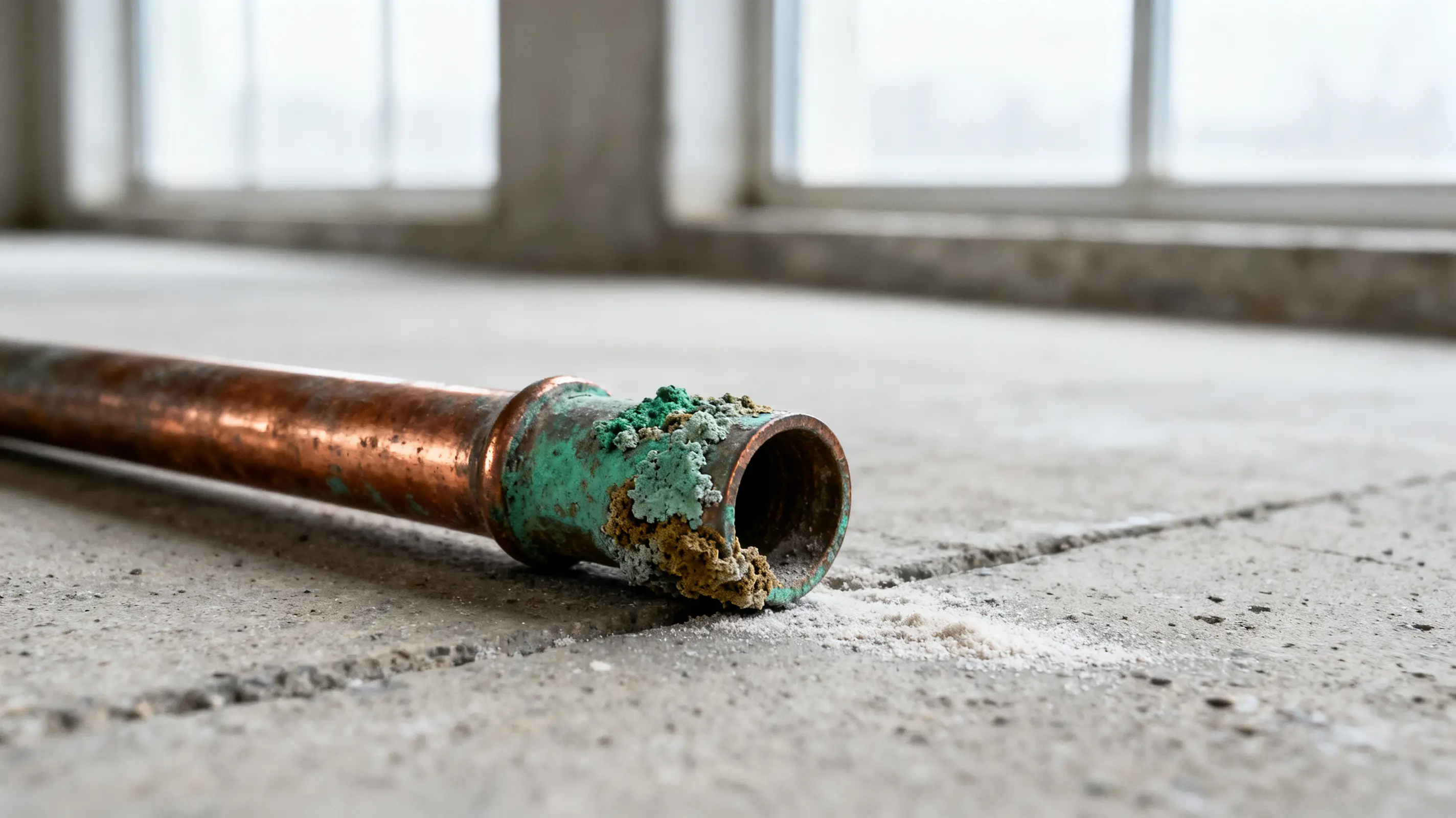 Corroded copper pipe with buildup resting on concrete floor in lightly lit room