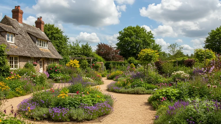 cottage garden with dense plants, curved paths, and mixed flowers and greenery