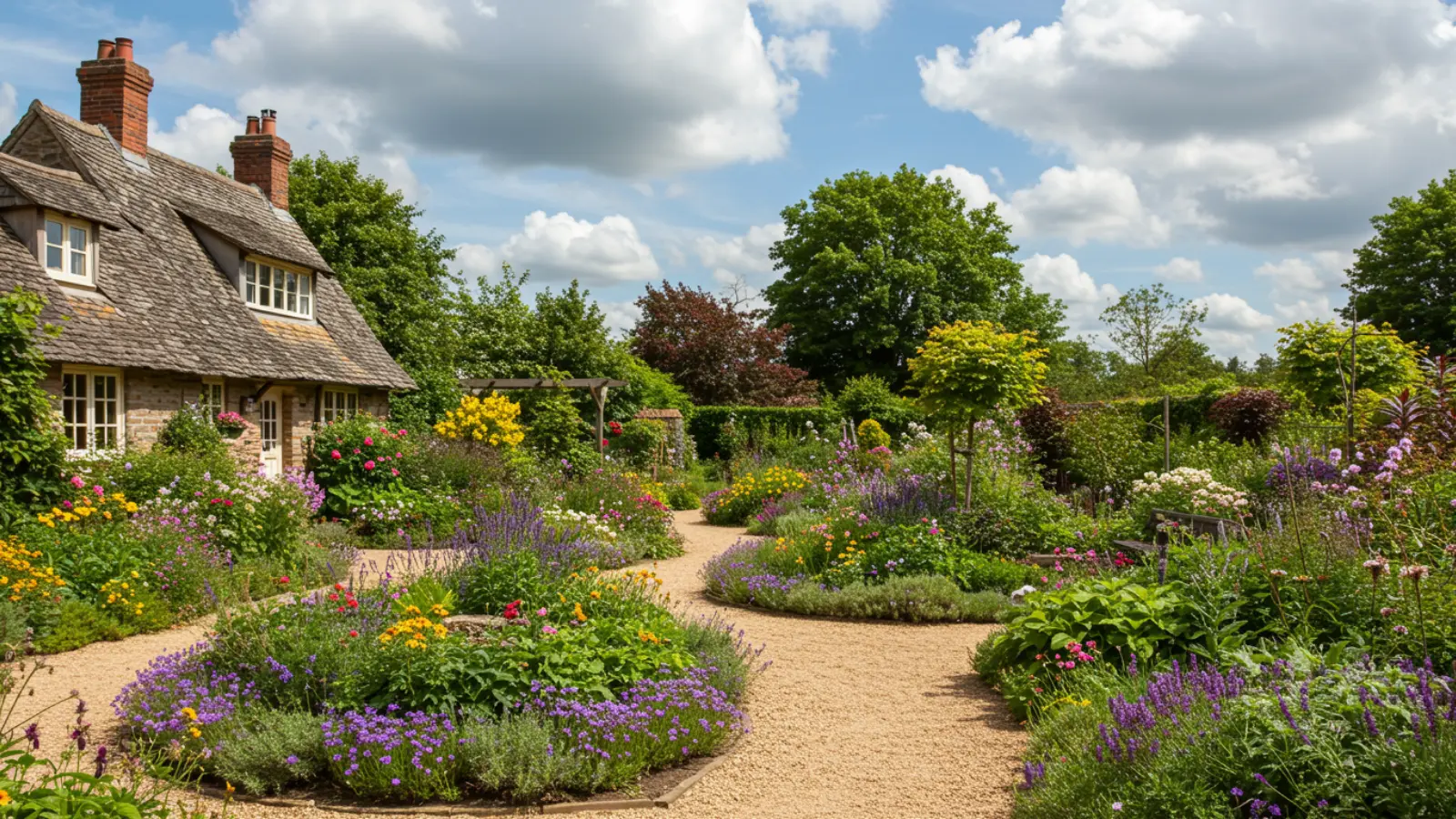 cottage garden with dense plants, curved paths, and mixed flowers and greenery