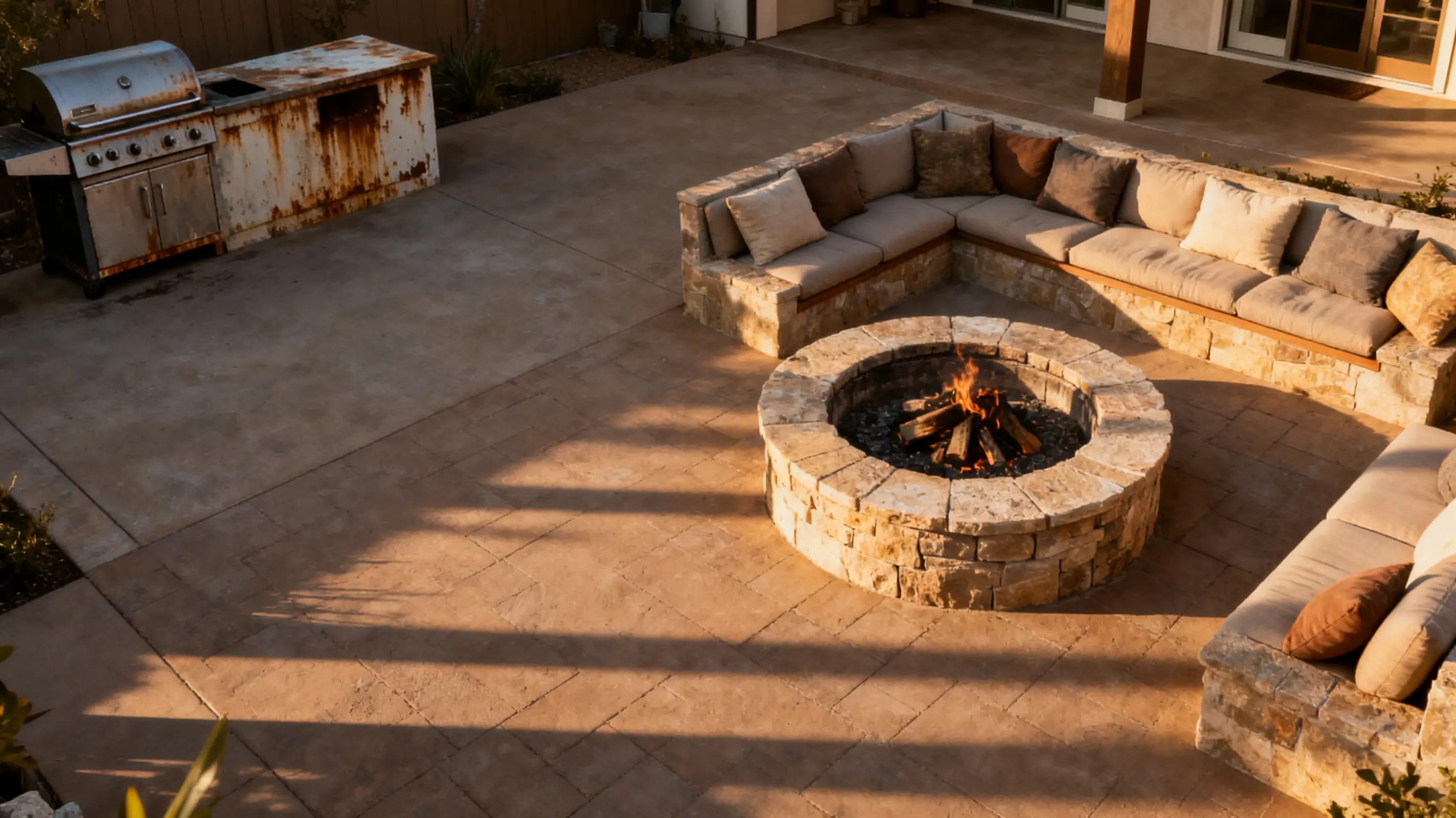 Outdoor patio with stone fire pit and L-shaped cushioned sofas under warm sunlight