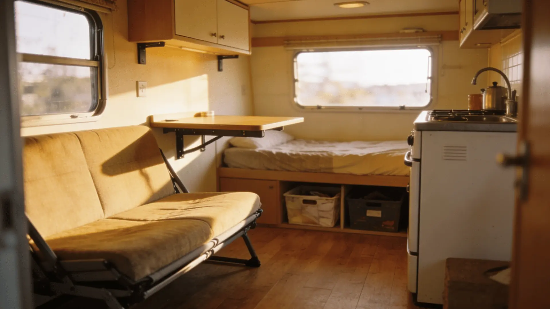 Cozy 250-square-foot apartment with smart furniture and layout.