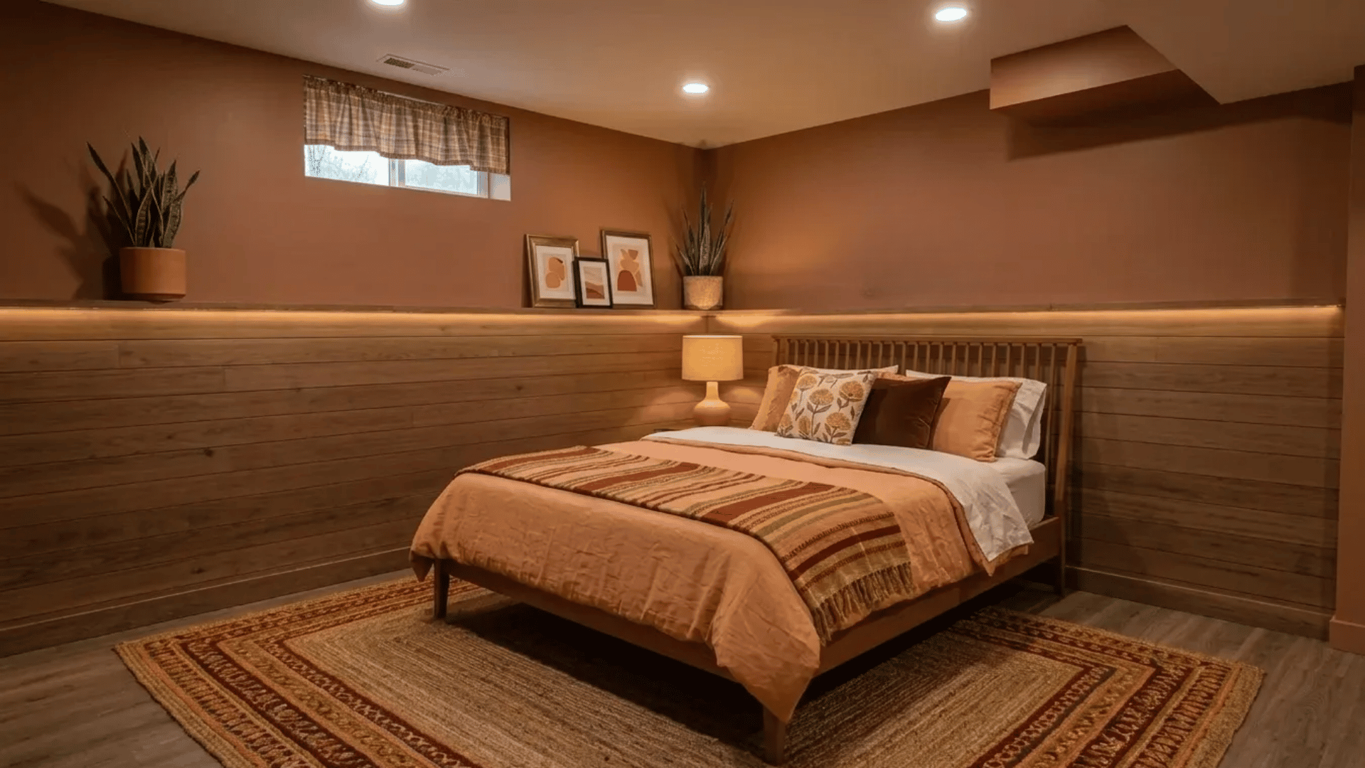 Cozy basement guest bedroom with warm lighting, wood-paneled walls, and a neatly styled bed.