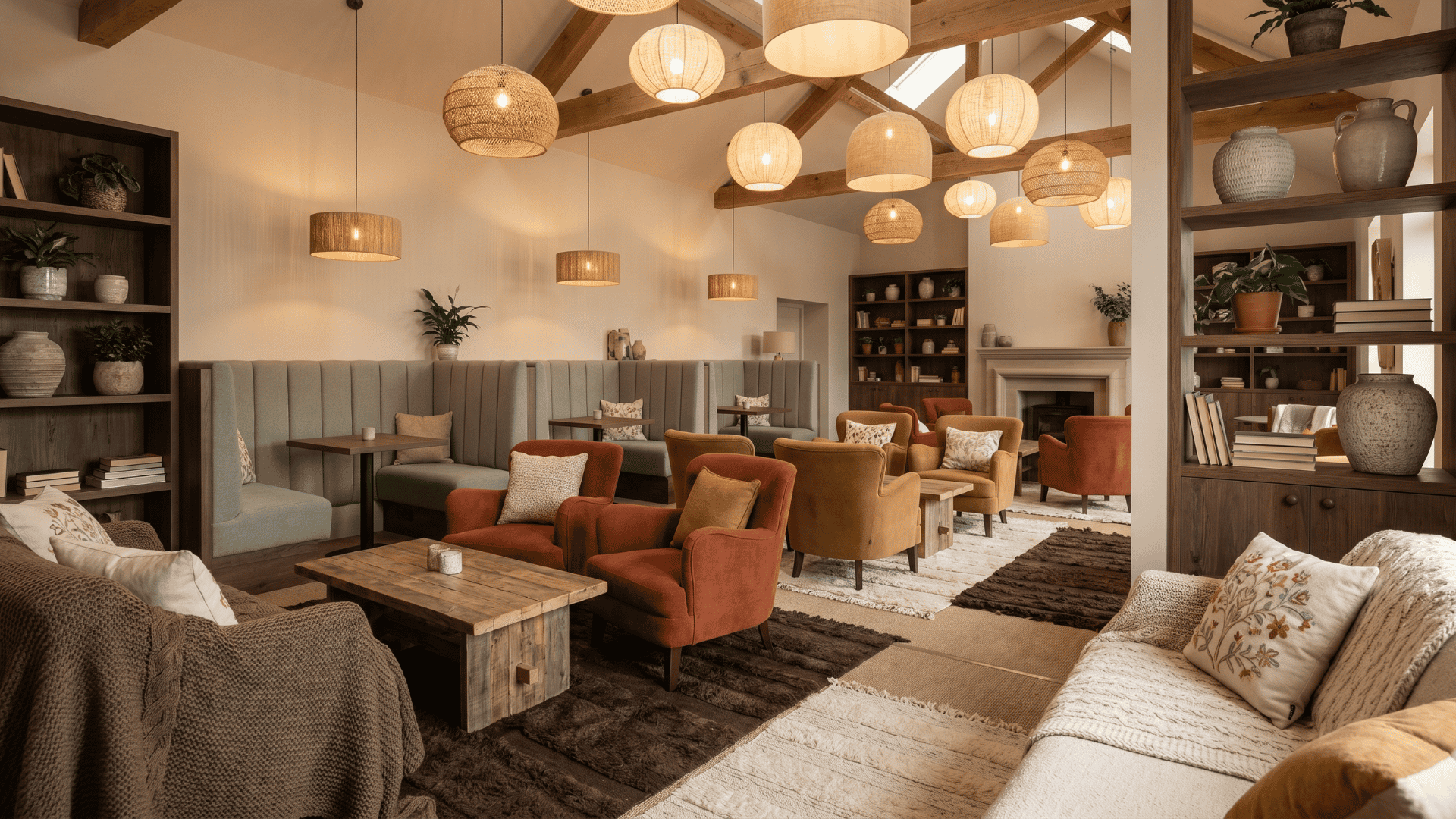 Cozy cafe interior with booth seating, armchairs, warm lighting, wooden tables, and layered textures.