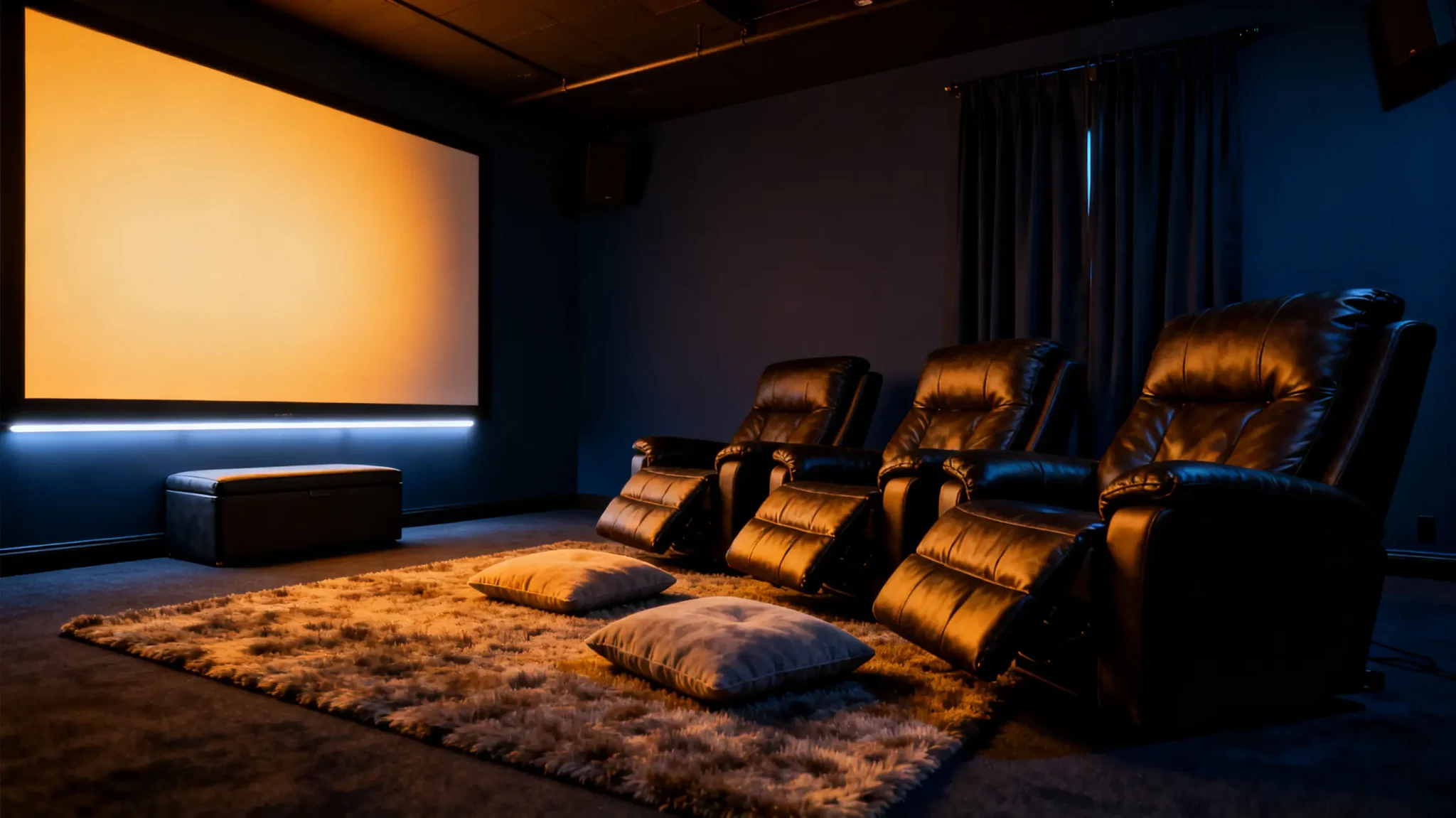 Home theater room with plush recliners, large screen, and soft carpet in dim lighting