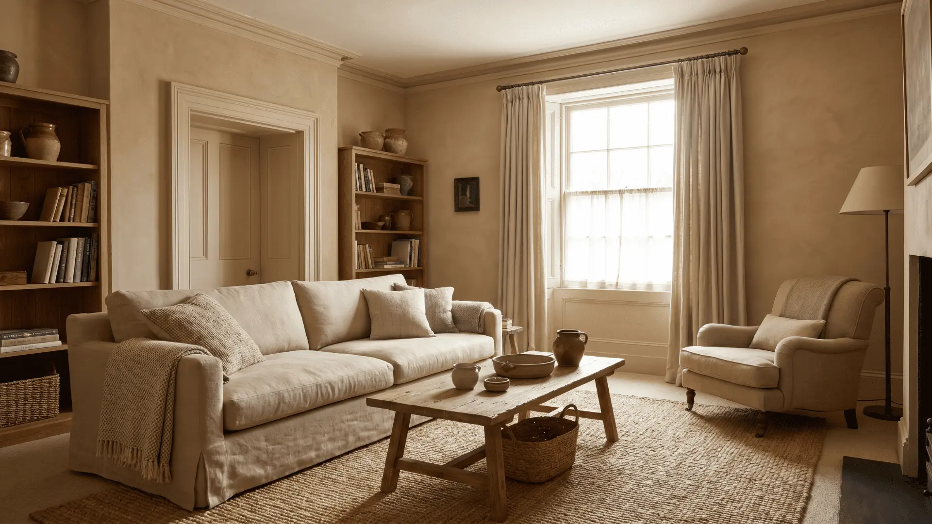 cozy-living-room-with-sand-colored-walls-cream-trim-woven-textures-wooden-furniture-and-soft-natural-daylight
