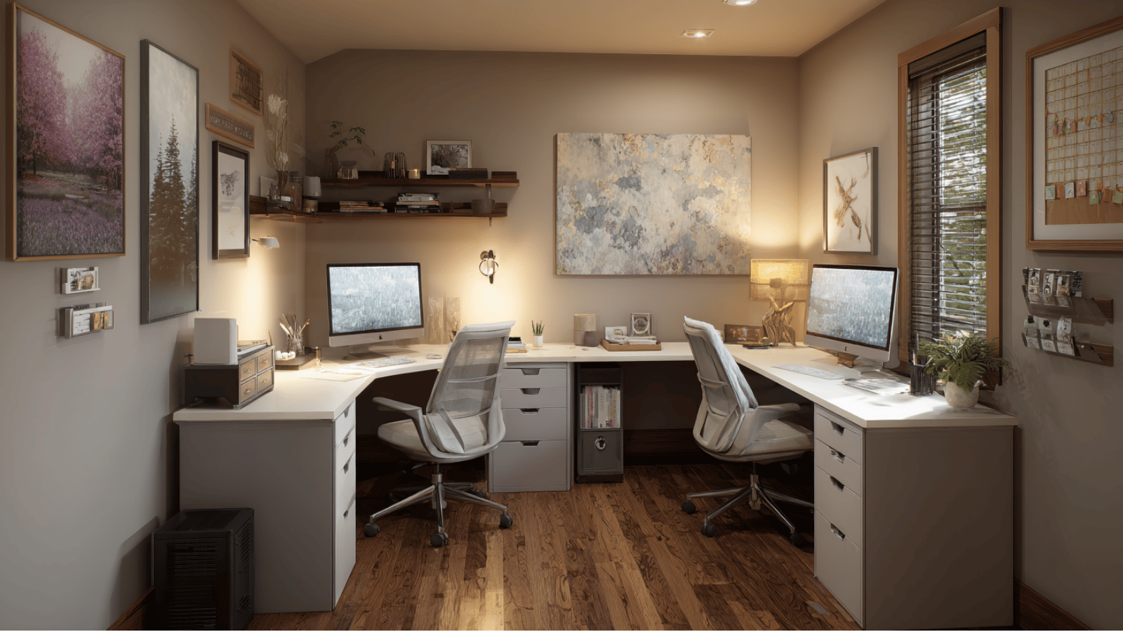 Cozy office corner workspace with warm lighting