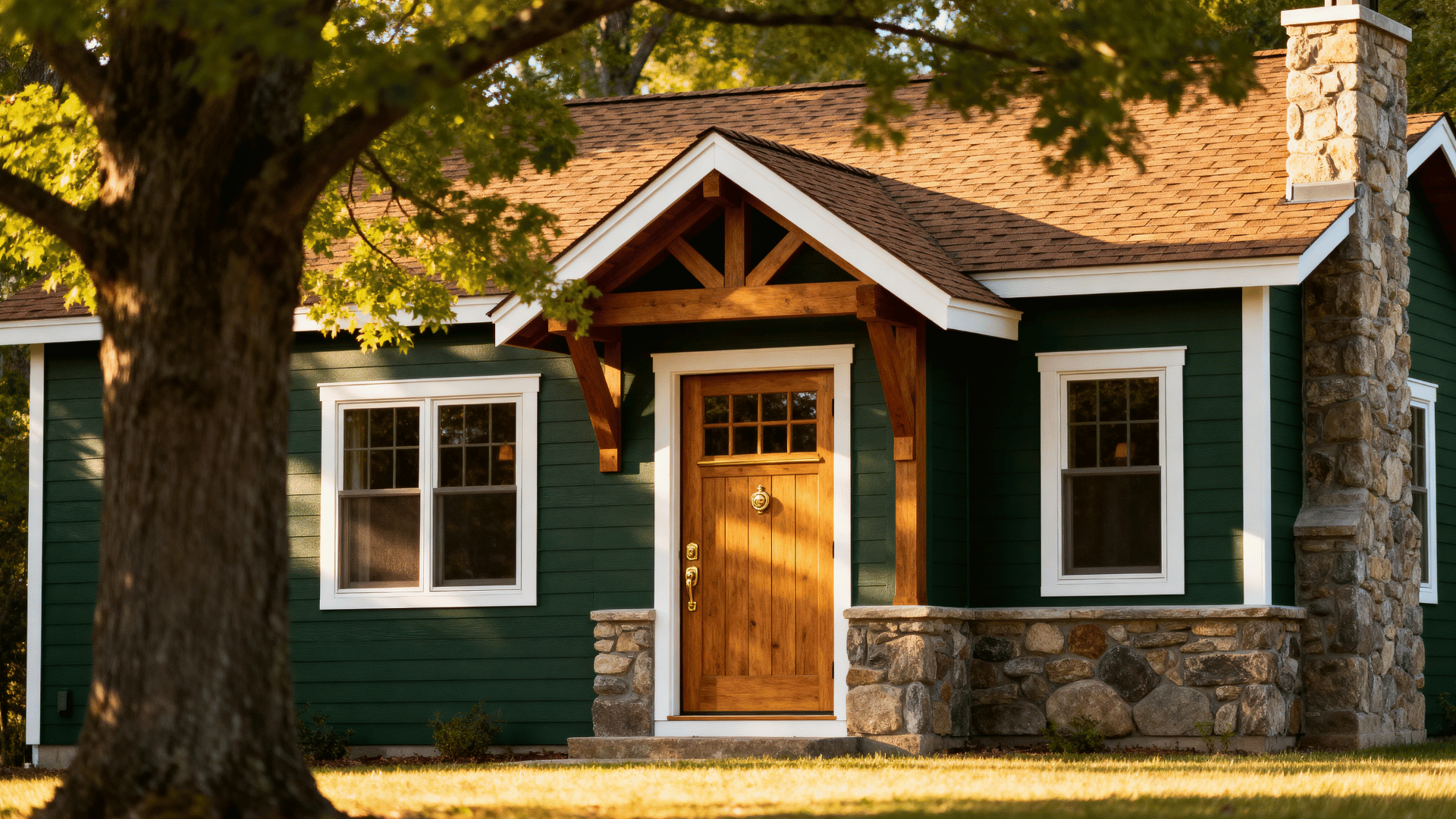 craftsman cabin with deep green siding, off-white trim, brown roof, wood door, stone accents, and leafy trees