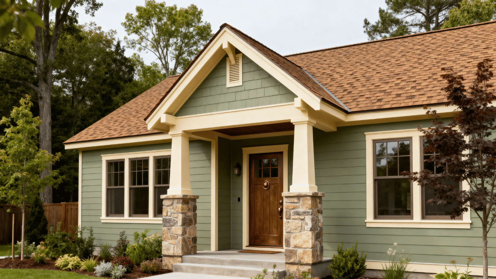 craftsman cottage with sage green siding, cream trim, brown roof, stone porch columns, and bronze hardware