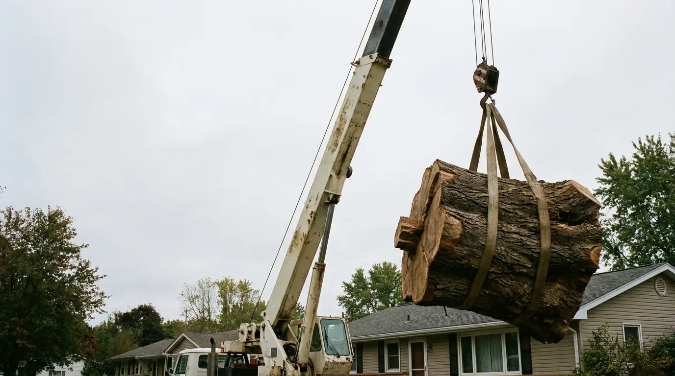 Crane hoisting large tree logs in suburban neighborhood with houses in the background