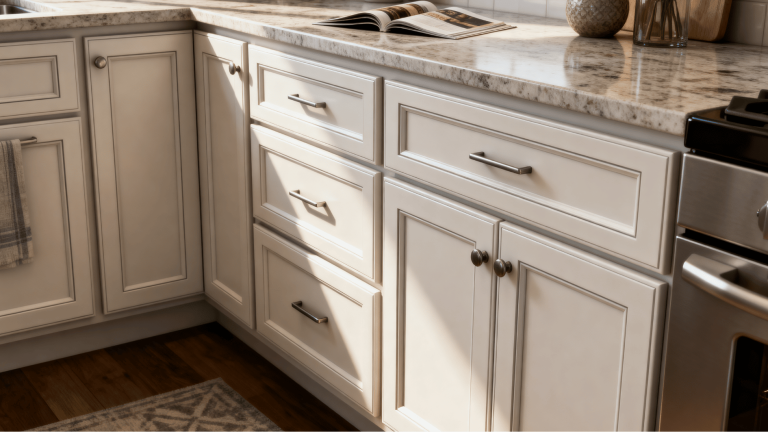 cream shaker-style kitchen cabinets with silver hardware, granite countertop, warm light, and clean modern storage drawers