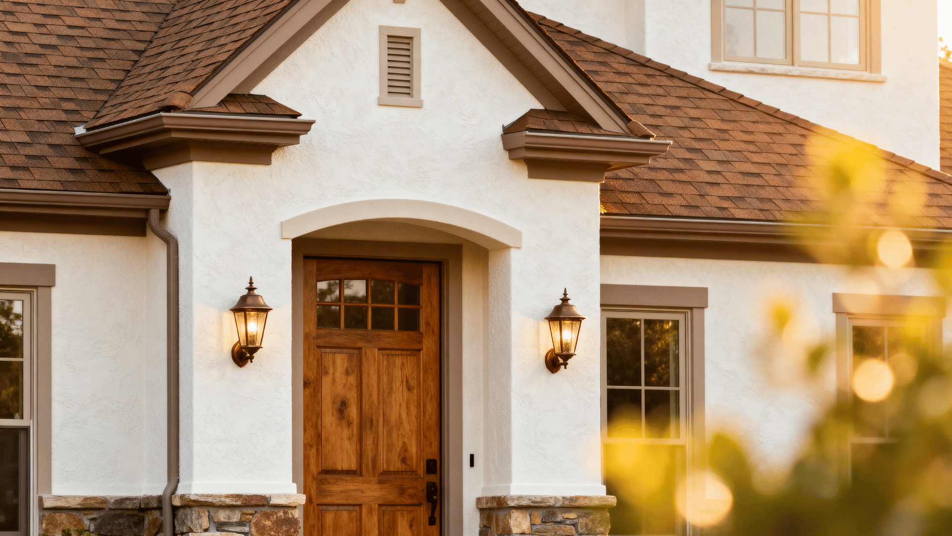 creamy off-white stucco home with brown roof, warm stone accents, bronze lights, and wood front door