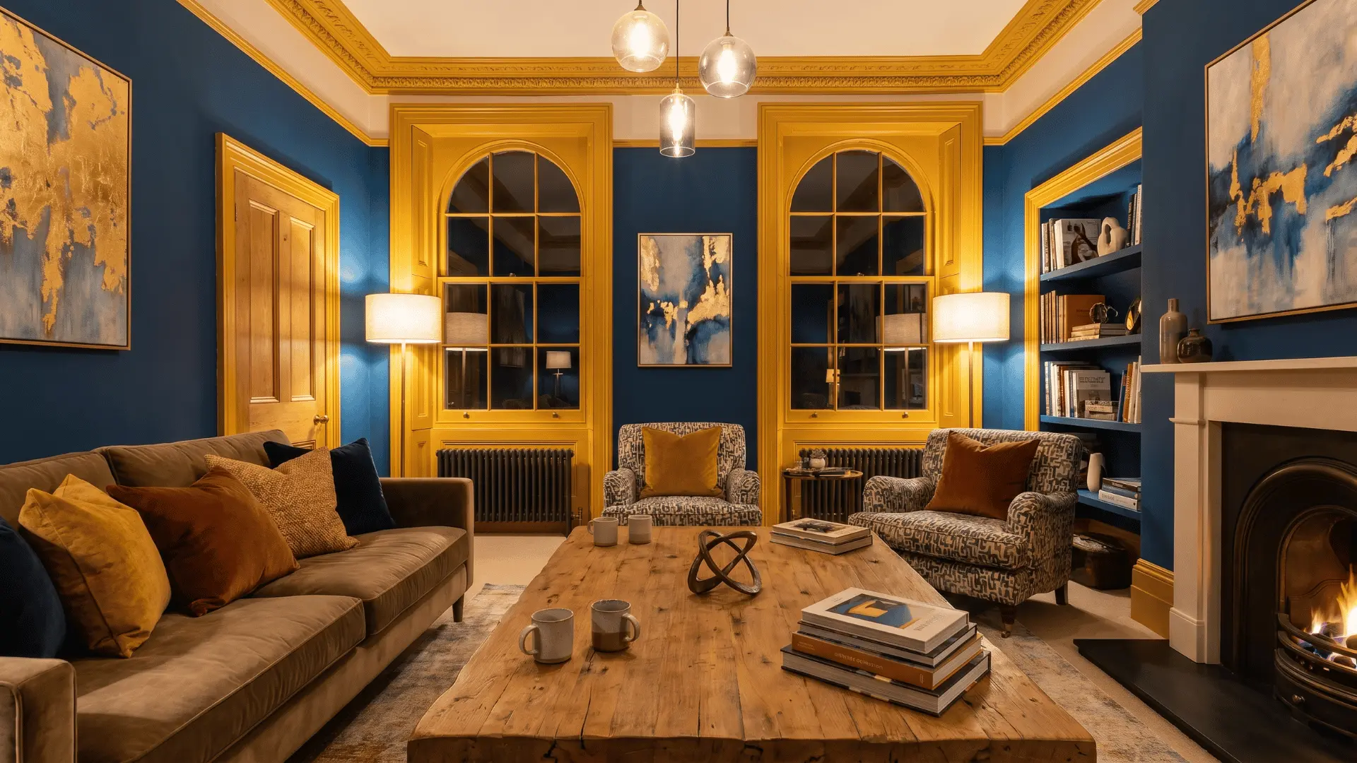 creative-living-room-with-deep-blue-walls-golden-yellow-trim-warm-lighting-and-modern-textured-decor