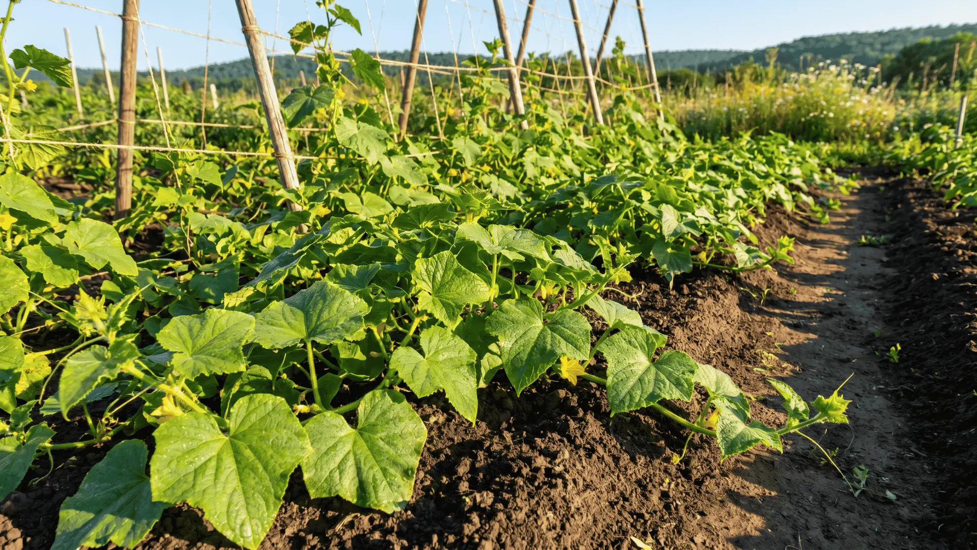 Cucumber plants growing in a sunny garden bed with green vines, yellow flowers, and a trellis support in the background.