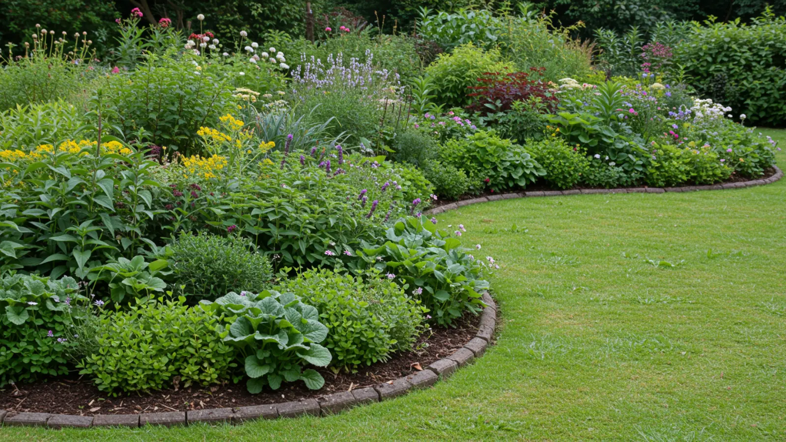 curved garden border with dense plants creating a soft natural edge