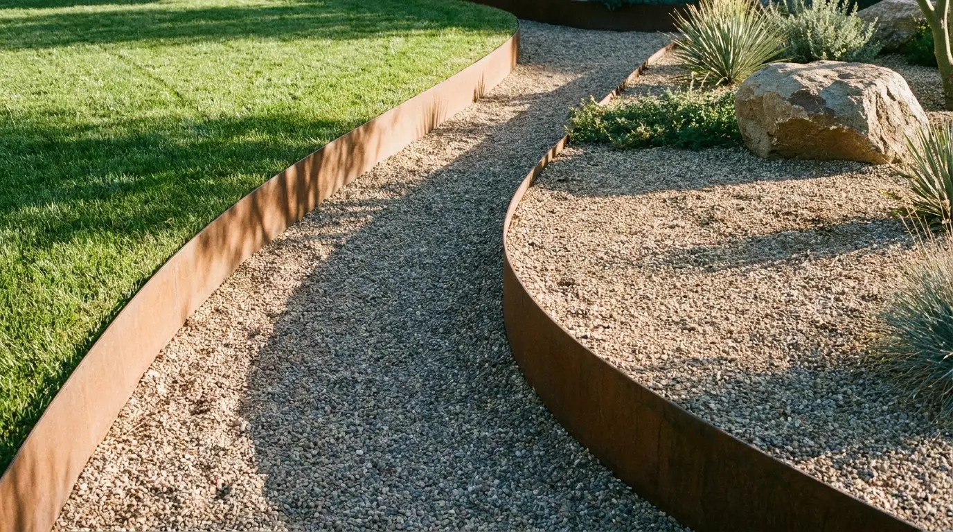 Curved gravel path bordered by grass and desert plants in a sunlit garden setting