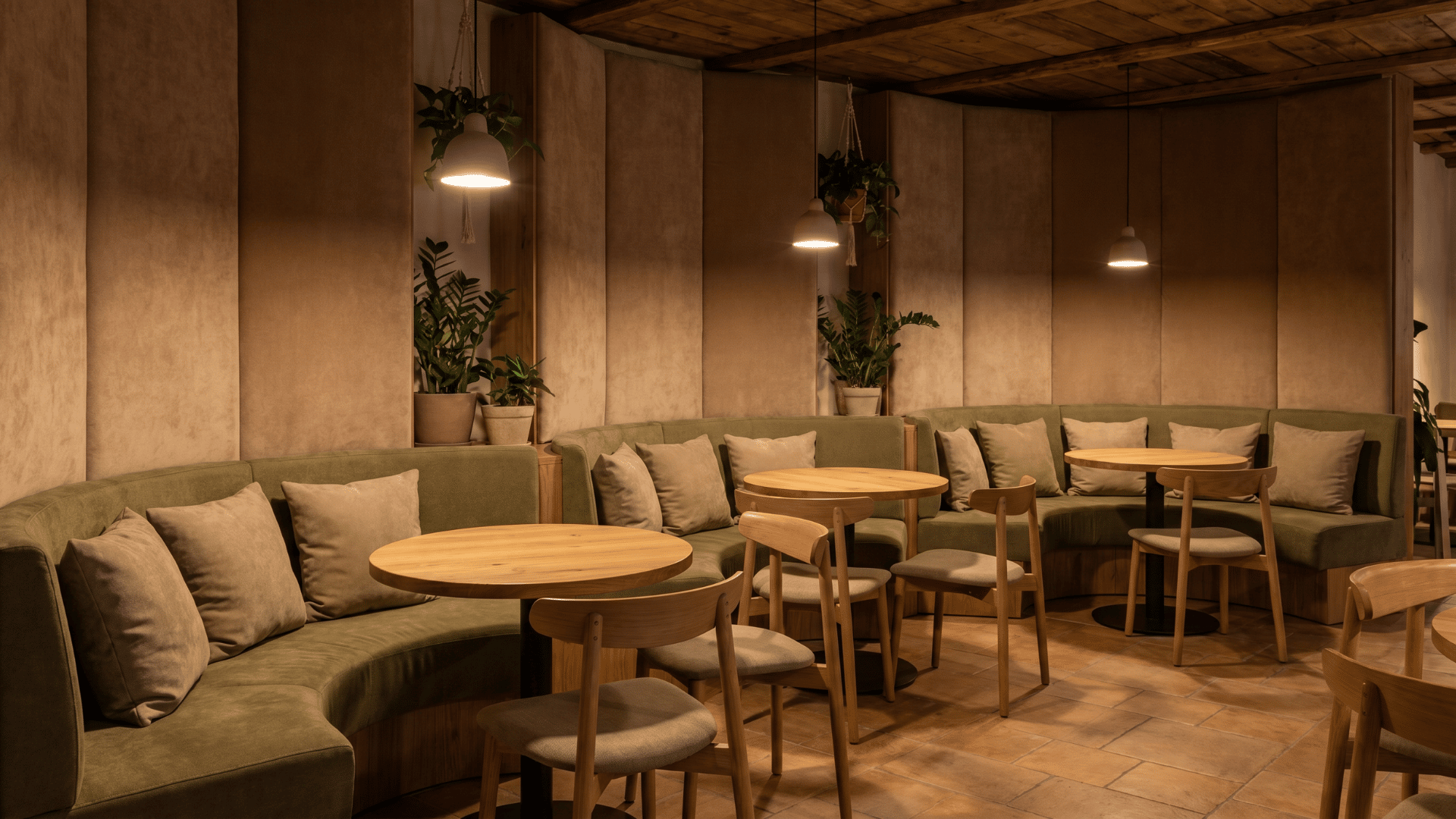 Curved upholstered banquette seating around tables inside a cafe