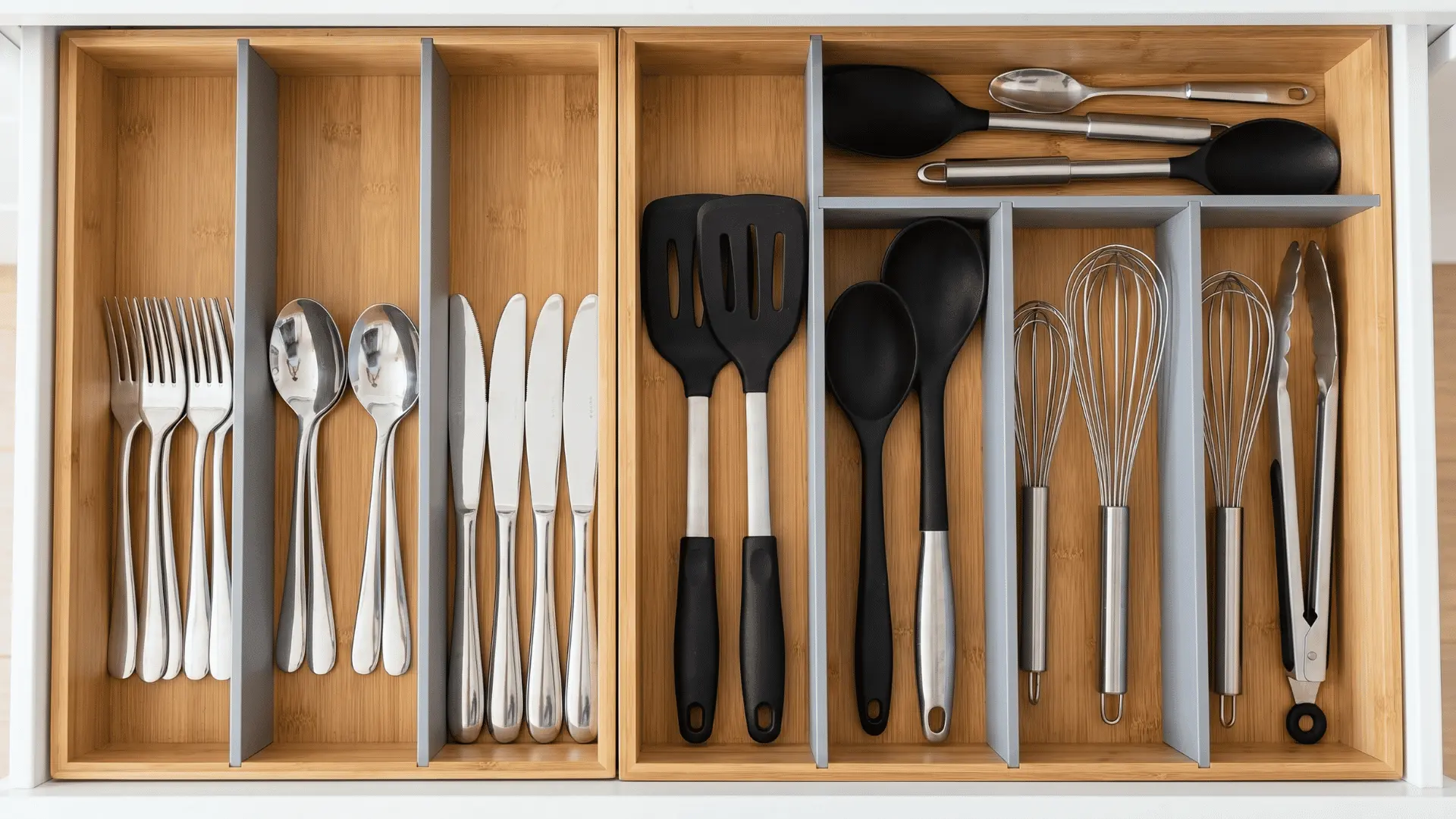 Cutlery drawer with separate sections for forks, spoons, knives, and cooking utensils