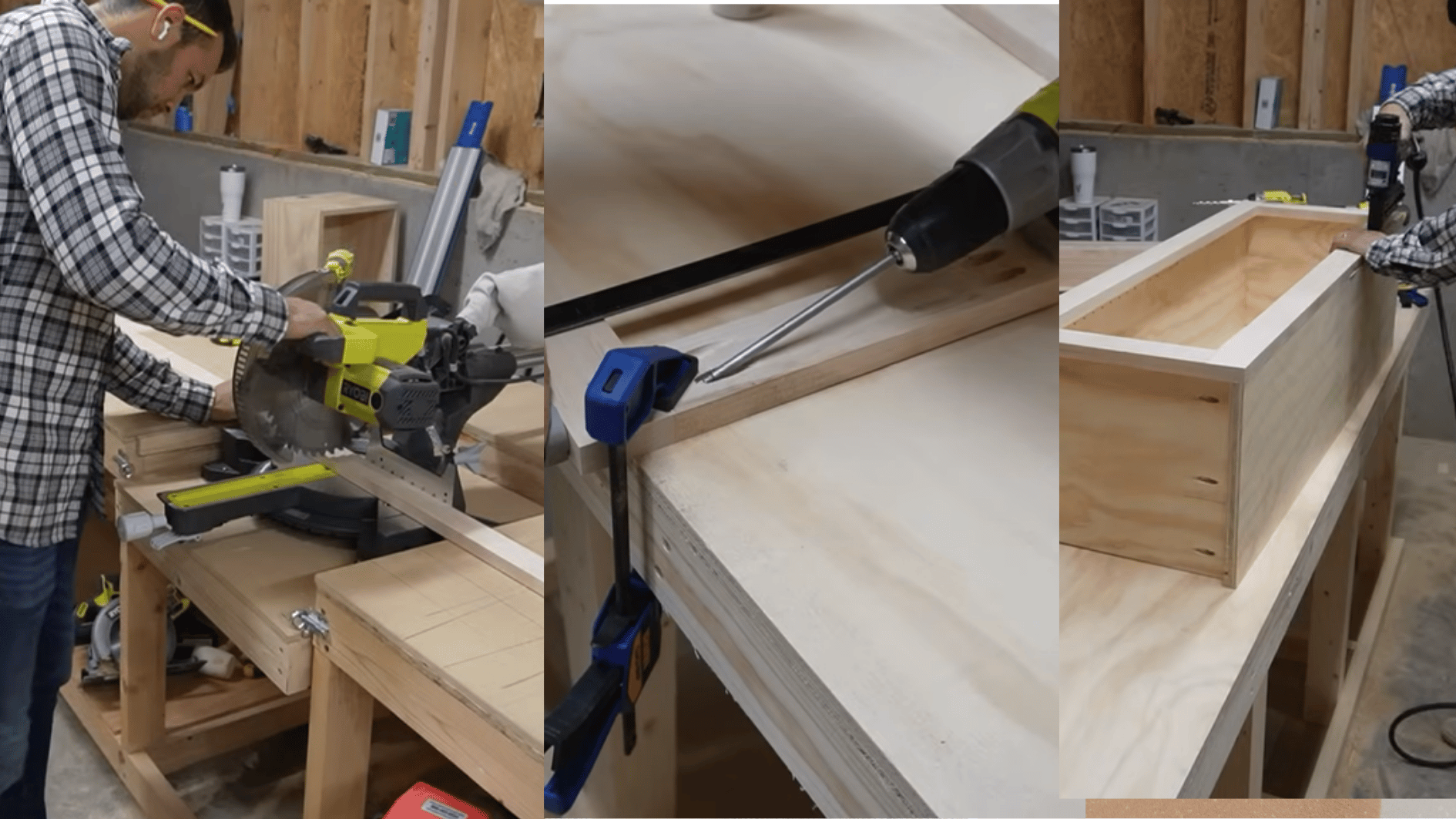 cutting, clamping, and assembling plywood pieces during the construction of a custom DIY kitchen cabinet box.