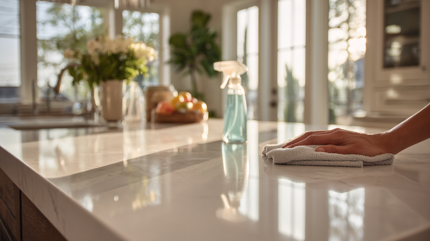 daily cleaning of quartz countertop with microfiber cloth and soapy spray bottle