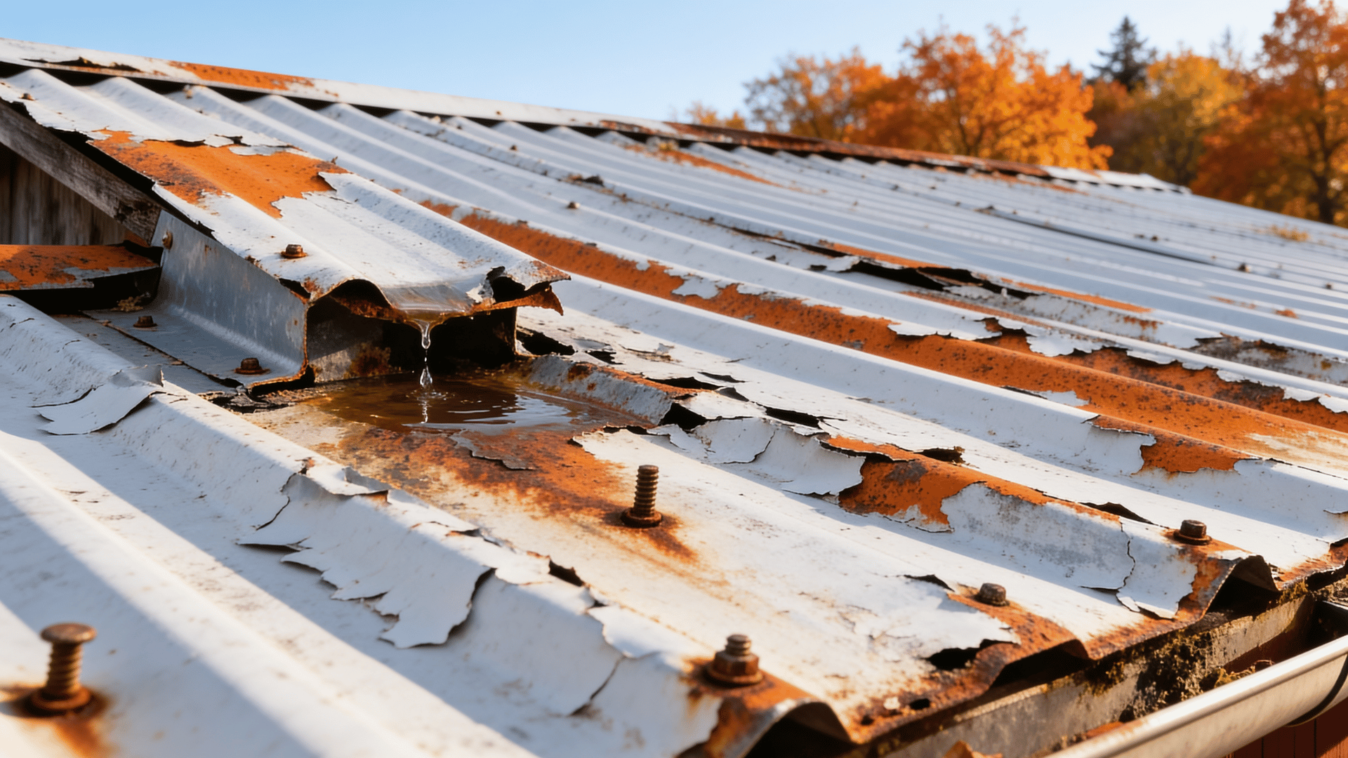 damaged metal roof with rust peeling paint and loose screws