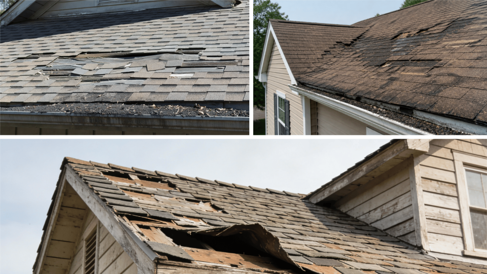 Damaged roof with missing shingles, sagging section, and granules visible inside a gutter