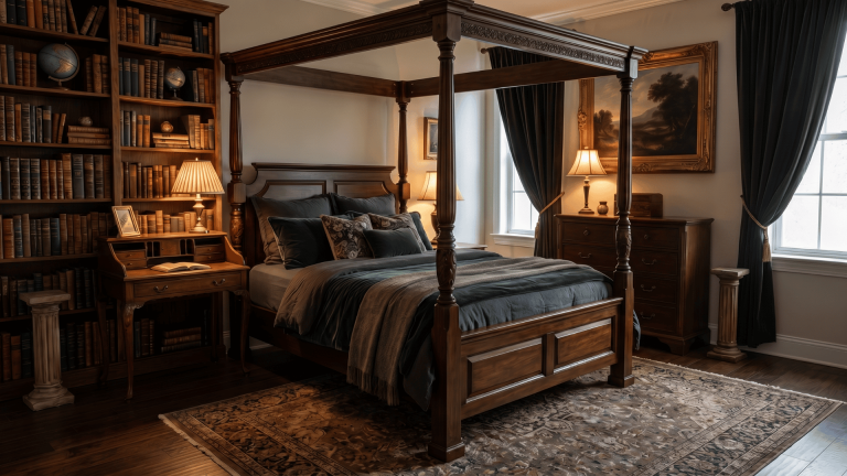 dark-academia-bedroom-with-dark-wood-bed-layered-bedding-warm-lamp-framed-art-books-and-a-vintage-style-rug